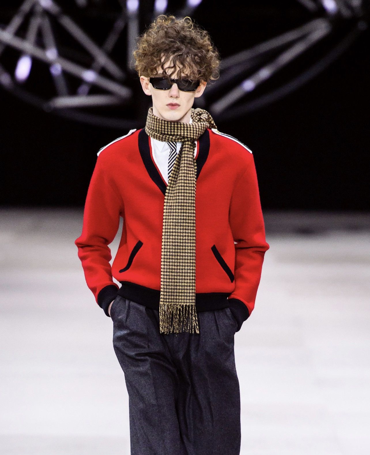 image of Celine x Hedi Slimane Red “Teddy” Cardigan With Epaulettes From Fw19, Men's (Size 2XL)