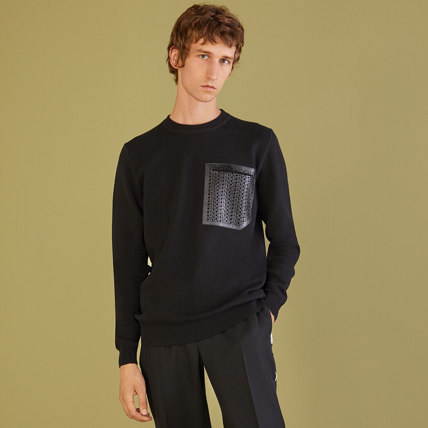 Fendi $1169 FENDI black leather logo pocket sweater 52 EU / XL Size US XL / EU 56 / 4 - 1 Thumbnail
