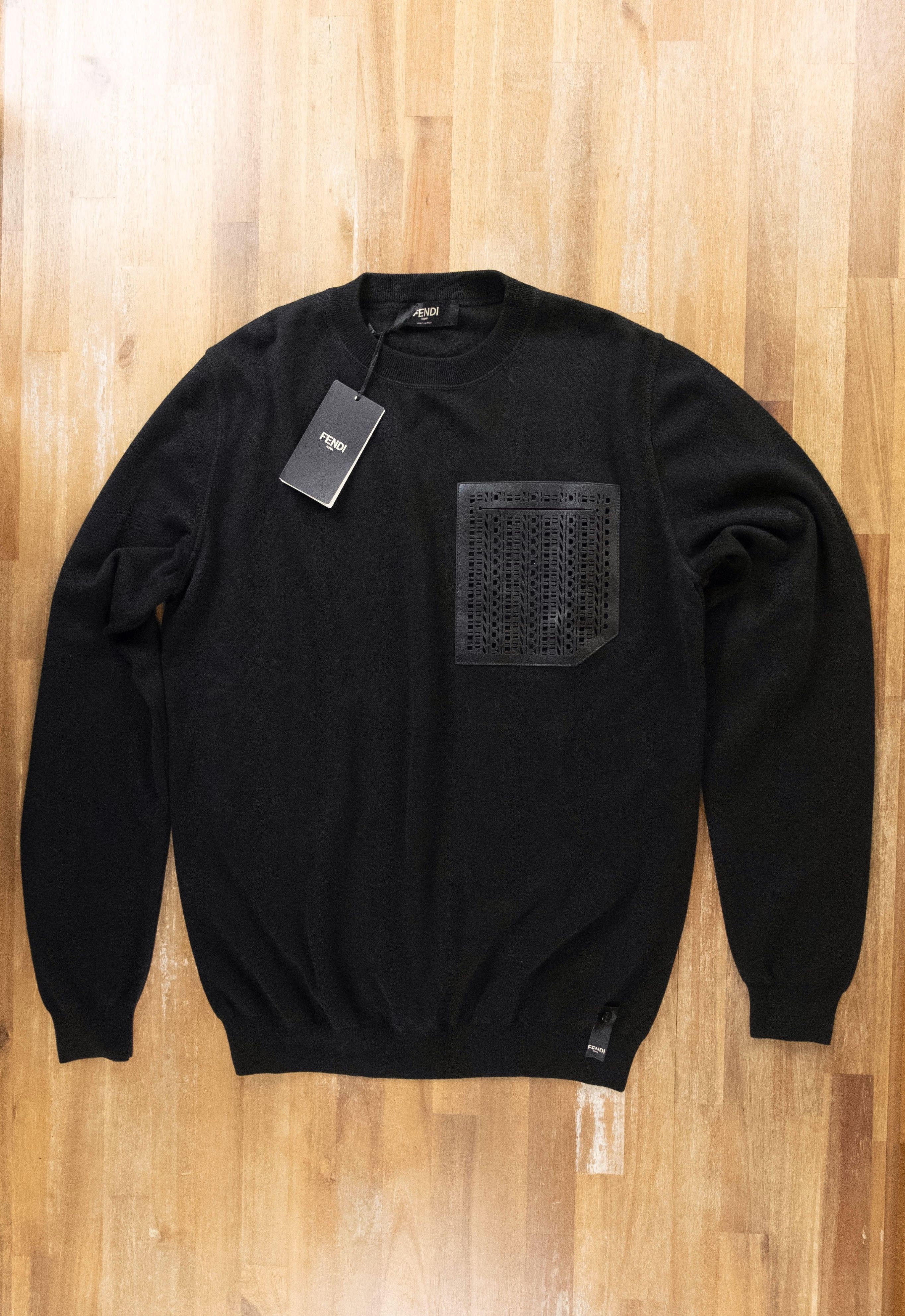 Fendi $1169 FENDI black leather logo pocket sweater 52 EU / XL Size US XL / EU 56 / 4 - 2 Thumbnail