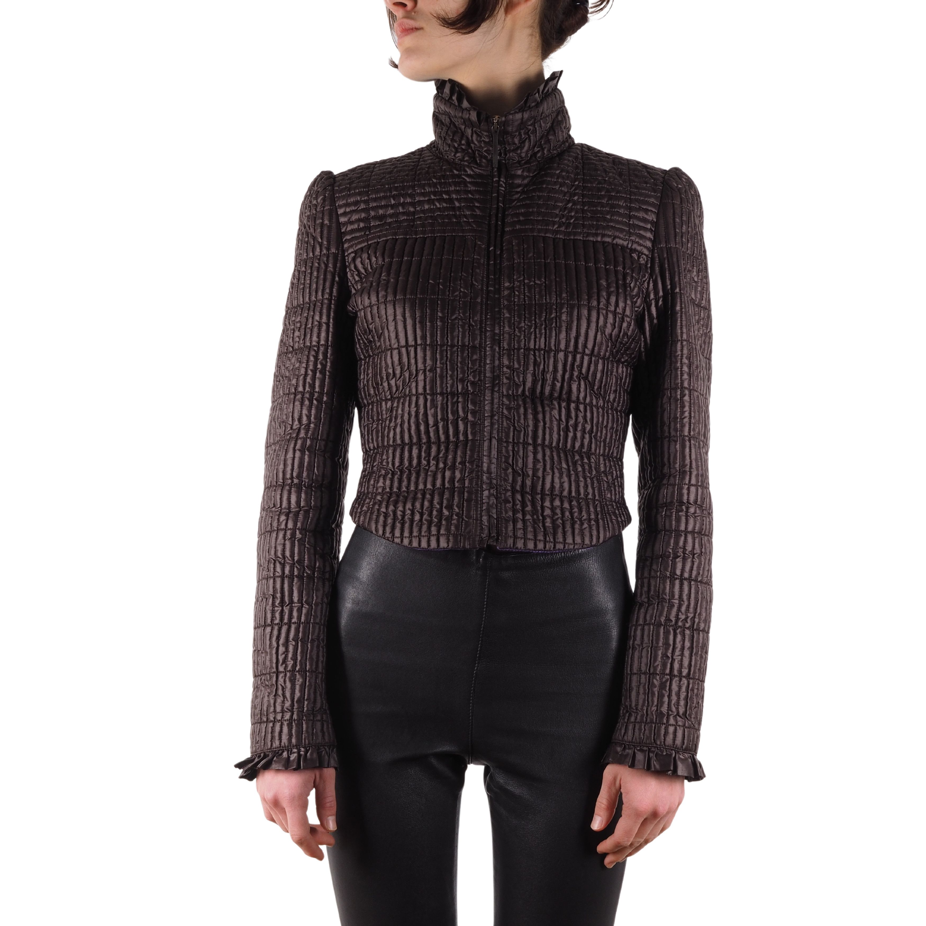 image of Fendi Vintage Brown Cropped Quilted Puffer Jacket in Dark Brown, Women's (Size Medium)