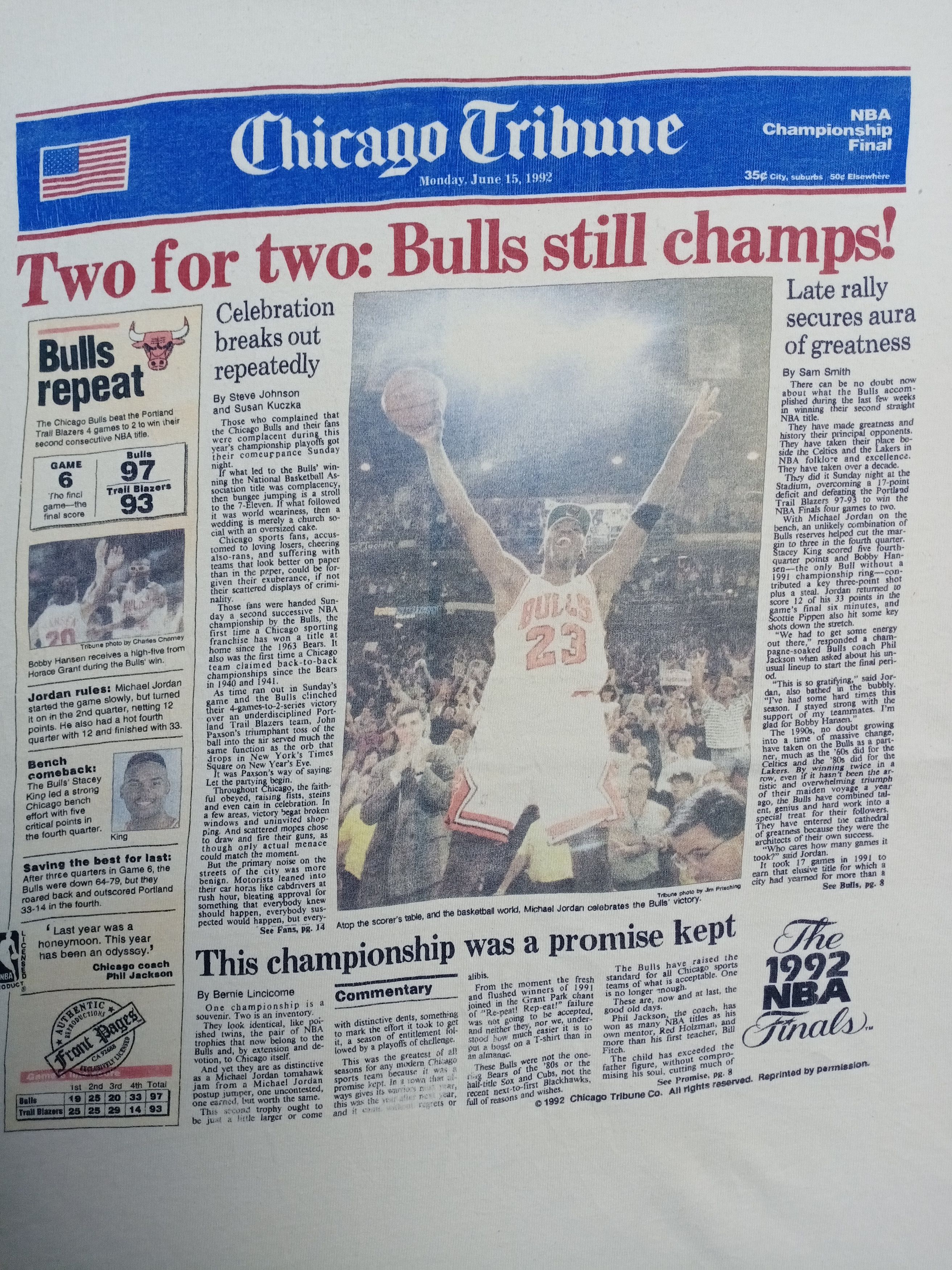 Jordan Brand × NBA × Vintage Vtg 1992 Micheal Jordan Champion Chicago Tribune T-shirt Size US XL / EU 56 / 4 - 10 Thumbnail