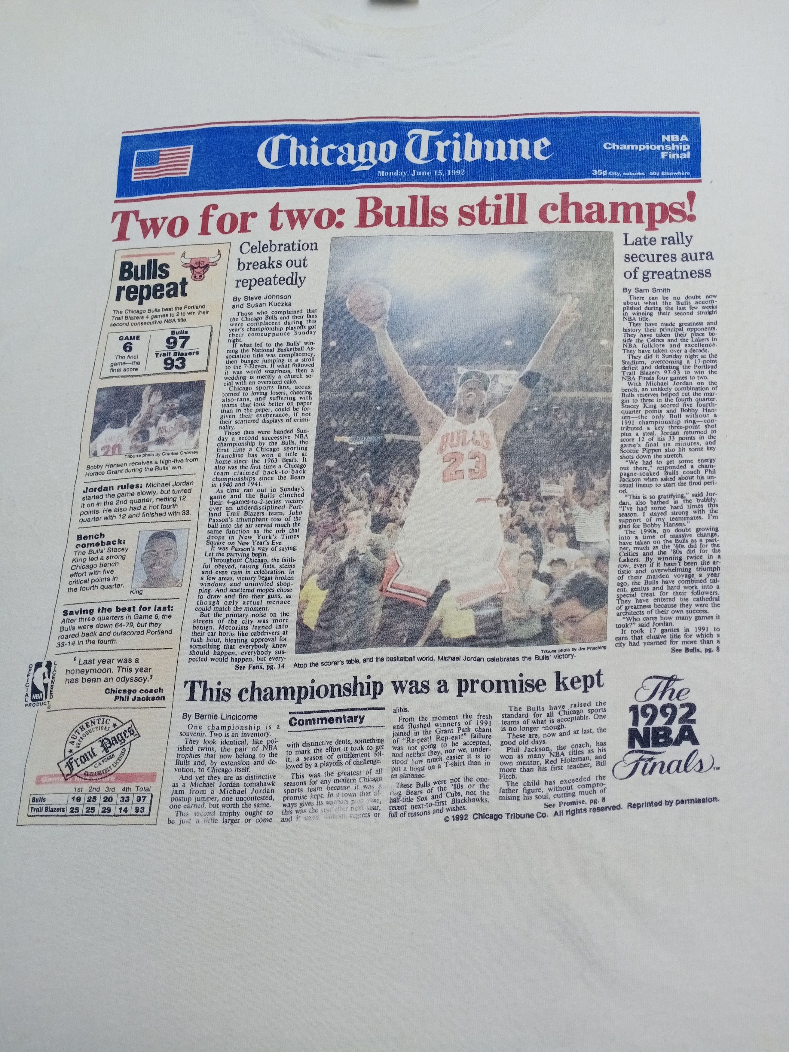 Jordan Brand × NBA × Vintage Vtg 1992 Micheal Jordan Champion Chicago Tribune T-shirt Size US XL / EU 56 / 4 - 11 Thumbnail