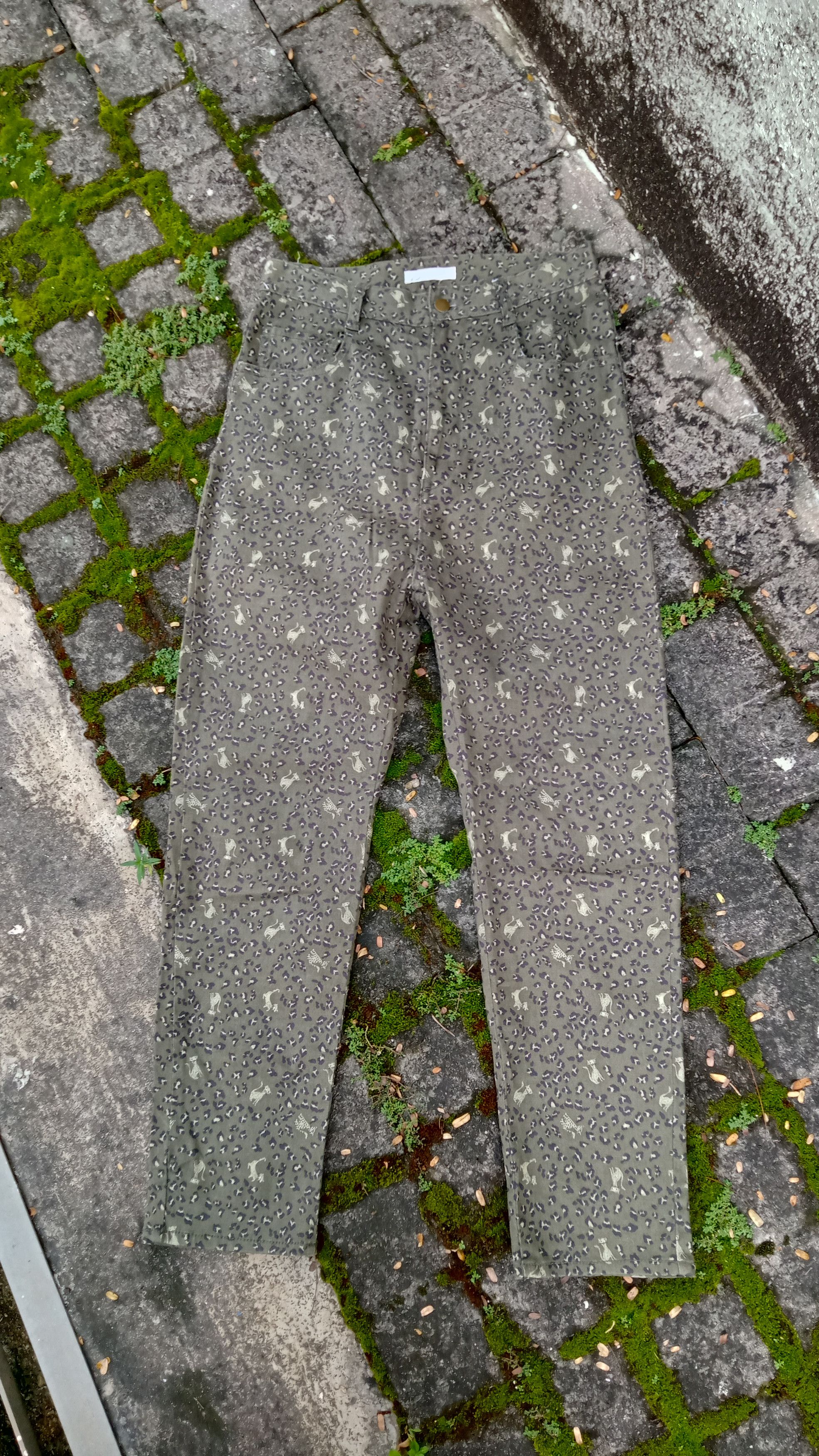 image of Ne-Net Cat Full Print Pants By Issey Miyake in Green Olive, Women's (Size 29)
