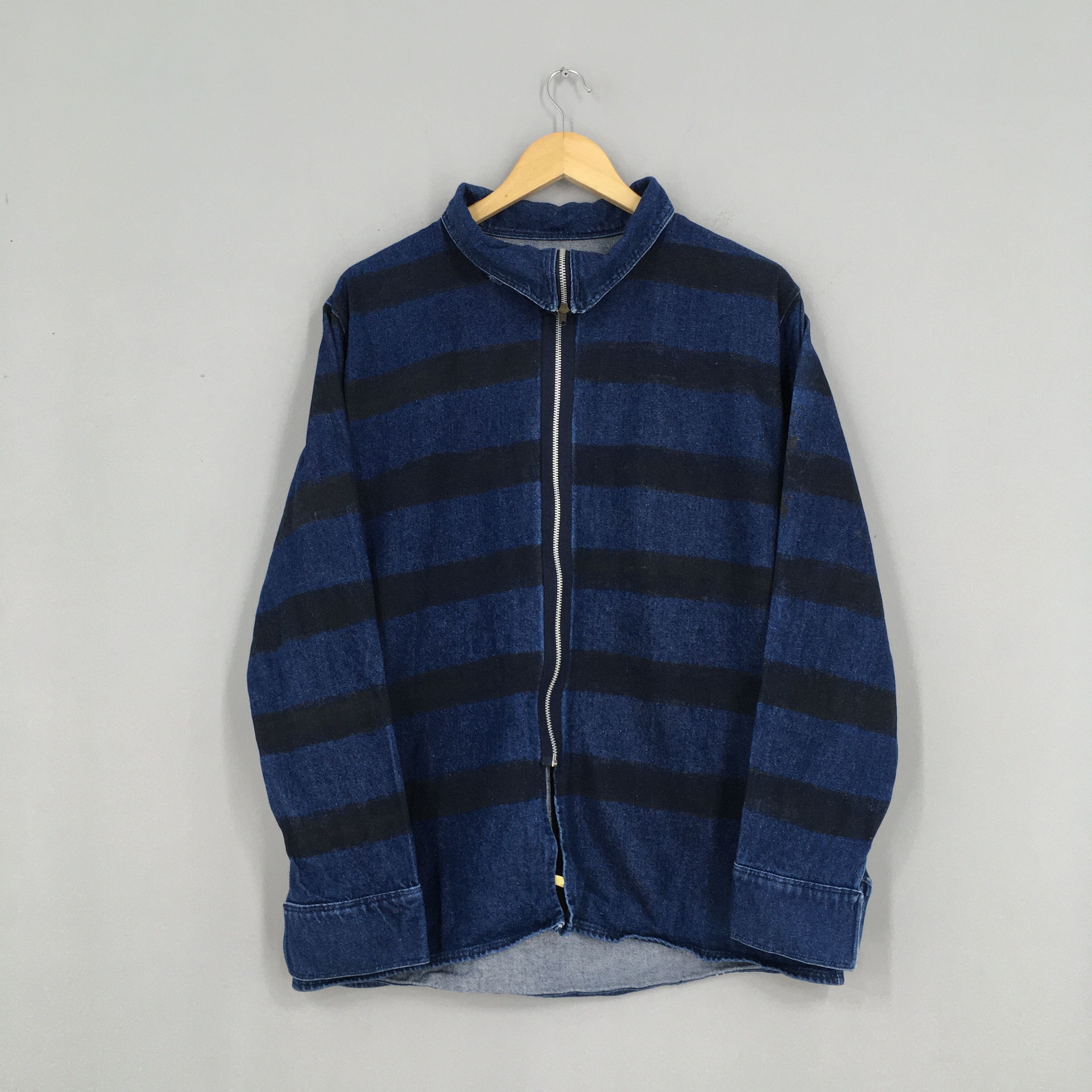 image of Denim Jacket Vintage 1980S Denim Stripes Jeans Zipper Jacket Medium in Blue, Men's