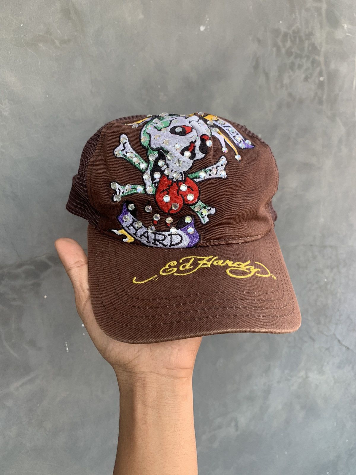 image of By Christian Audigier Love Dies Hard Trucker Hats in Brown, Men's