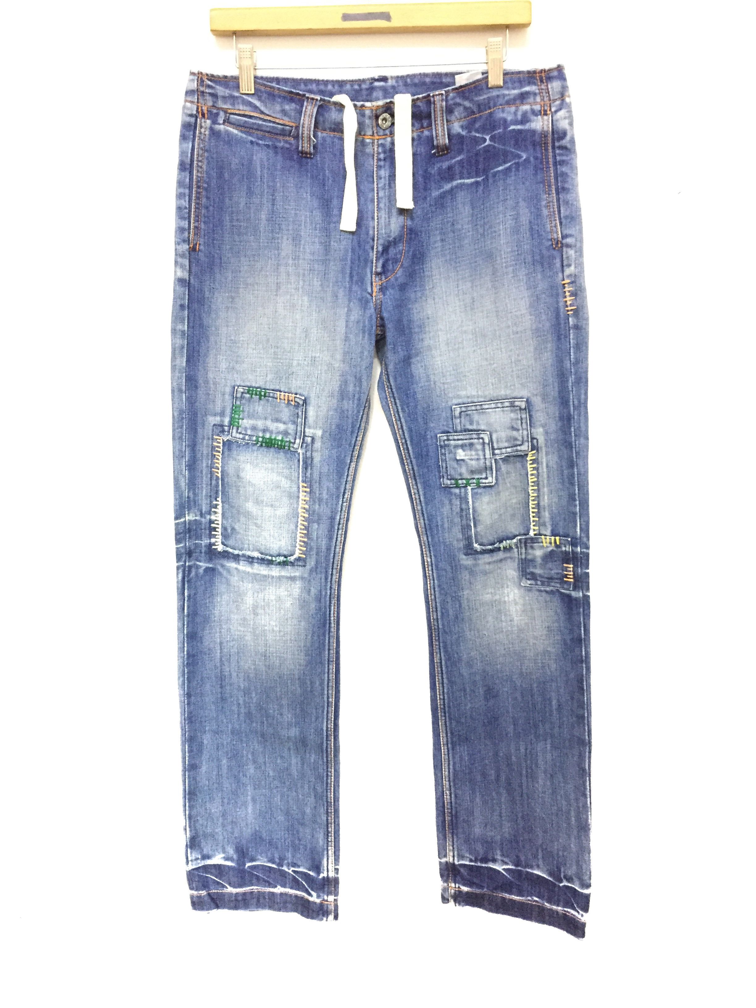 image of Distressed Denim K. Mayer Patchwork Contra Stitch Drawstring Denim Kapital, Men's (Size 32)
