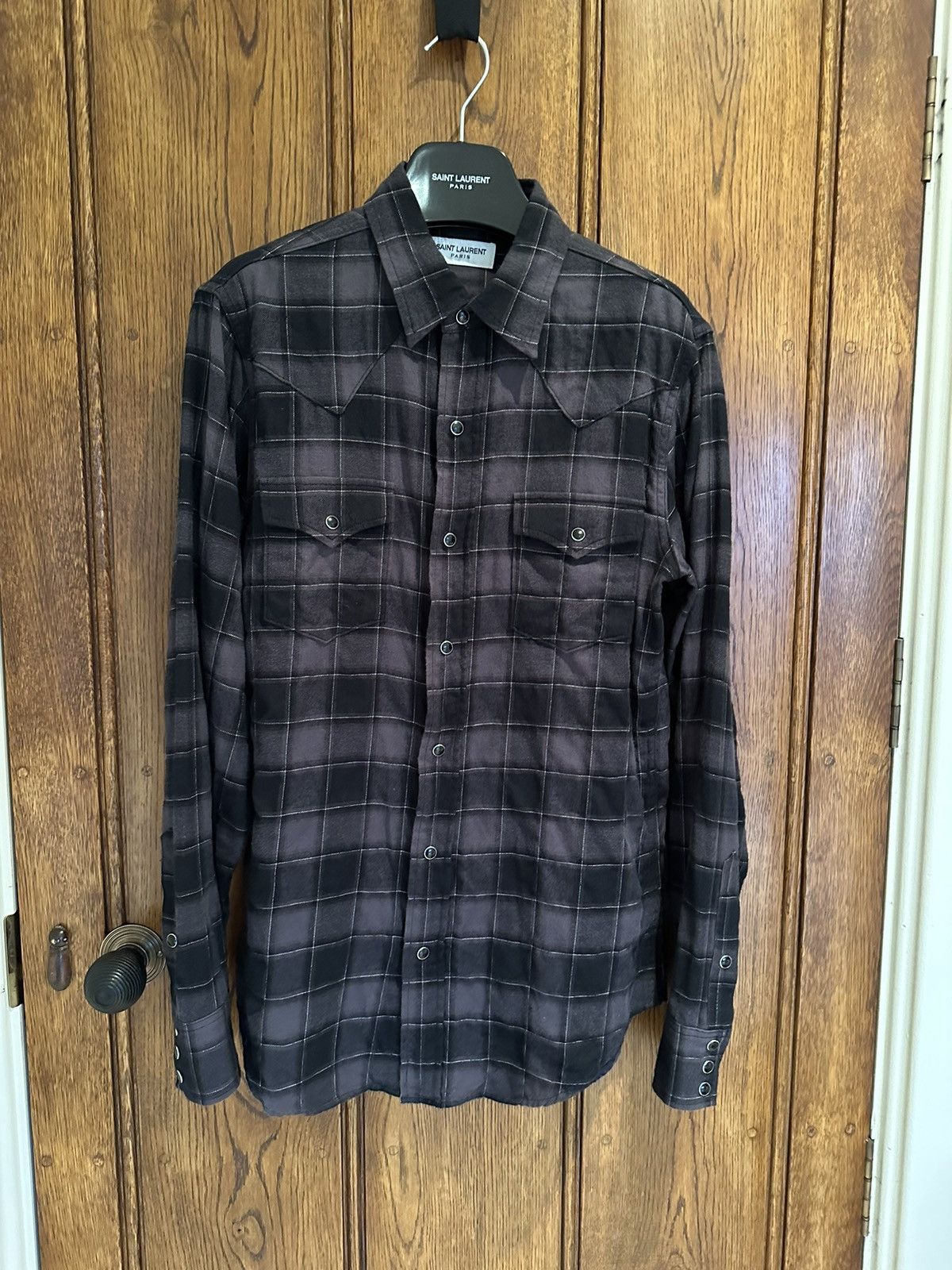 image of Saint Laurent Paris Ss17 Saint Laurent Black Grey Checked Flannel Shirt, Men's (Size Small)