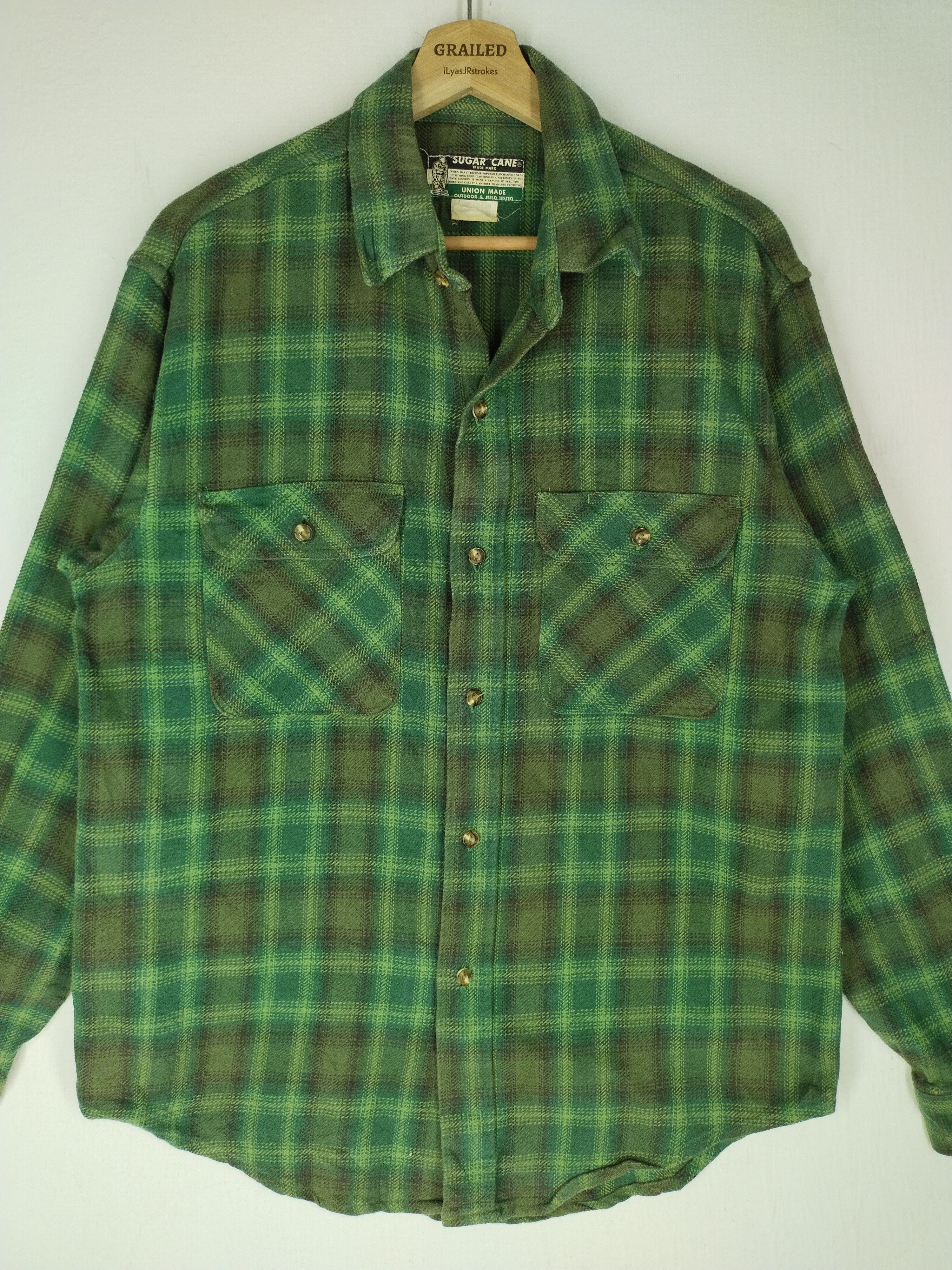 image of Sugar Cane x Sugar Cane Co Vintage Men's Long Sleeve Button Up Shirt in Green (Size Medium)