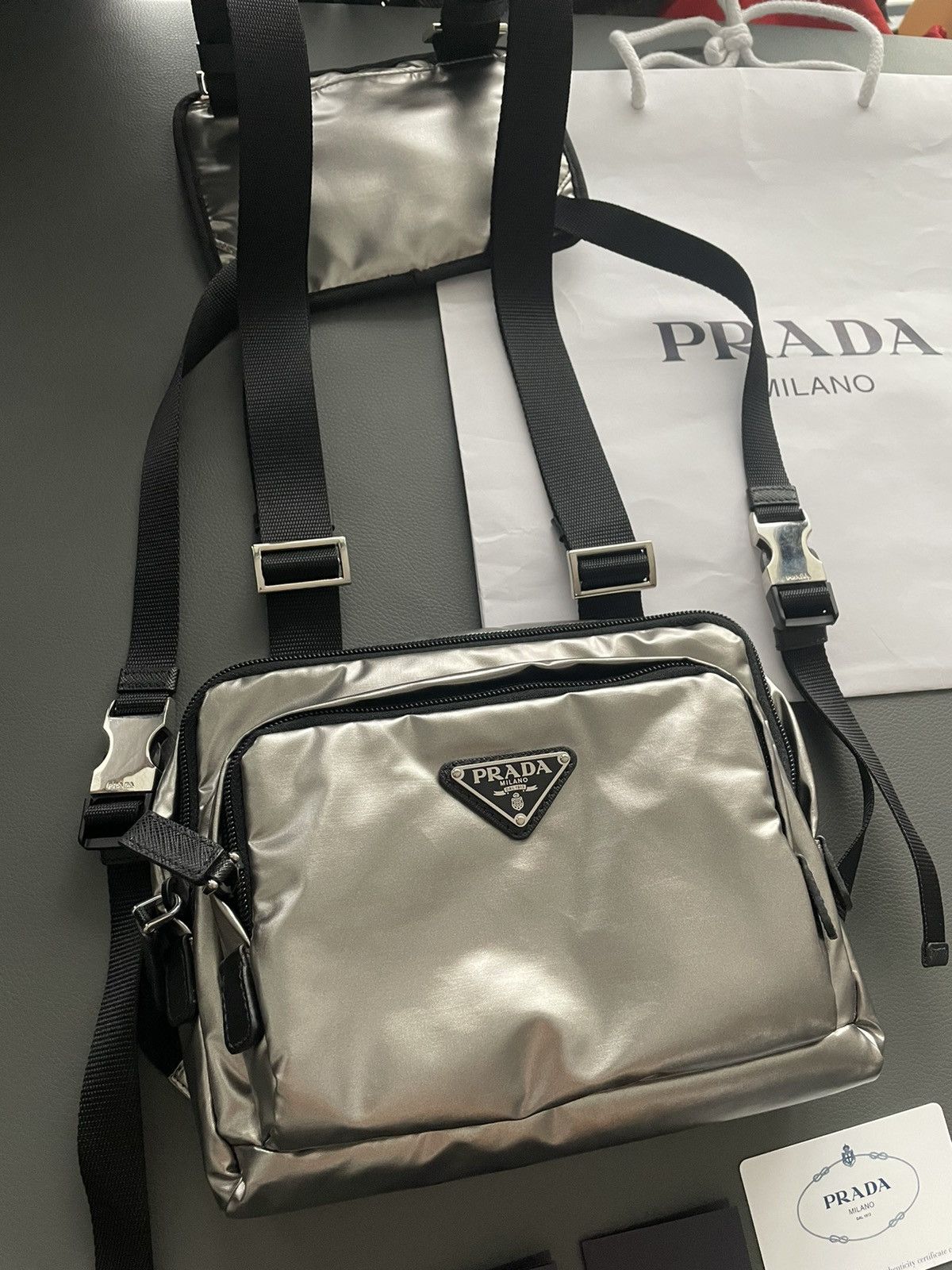 Prada Super Rare Brand NEW Prada Logo Silver Battle Bag Size ONE SIZE - 21 Thumbnail