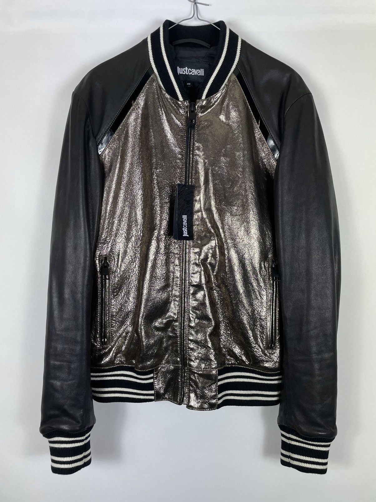 Pre-owned Just Cavalli X Leather Jacket Ds! Just Cavalli Leather Metallic Bomber Jacket In Black