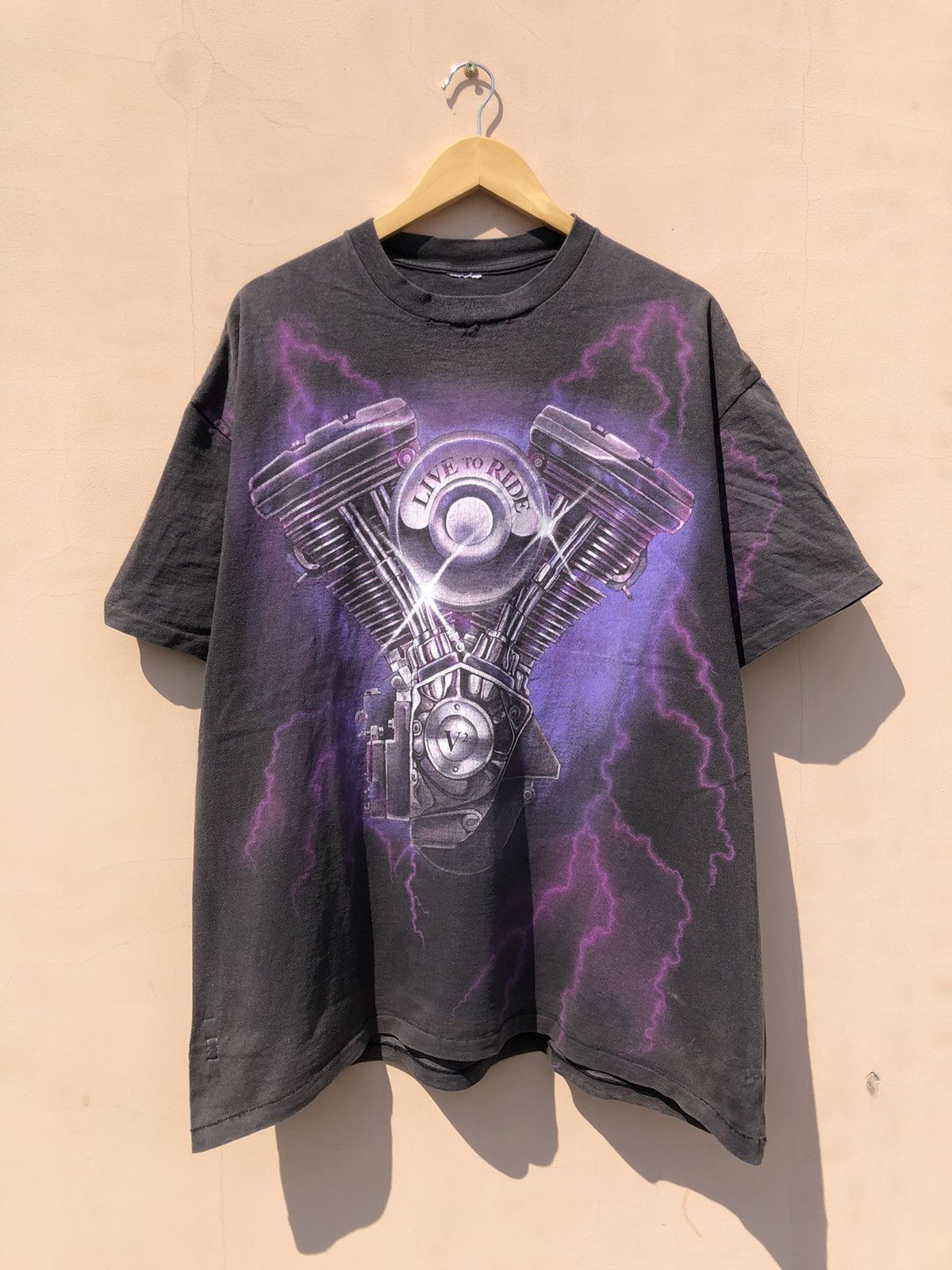 Vintage 90s American Biker Motor Lightning Faded Black Tee