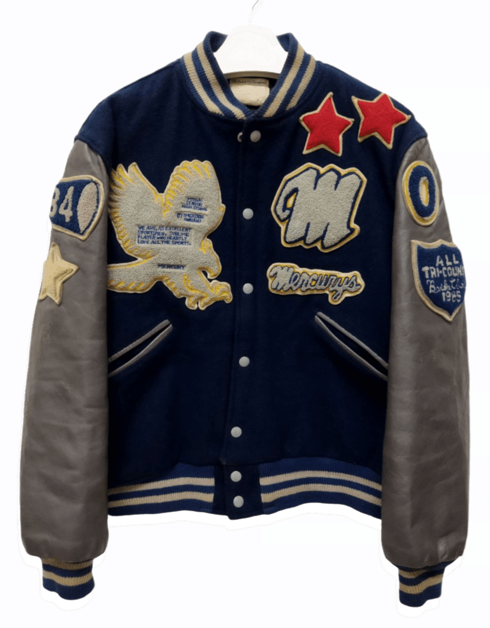 image of Leather Jacket x Varsity Jacket Vintage Mercurys By Butwin Varsity Jacket in Blue/Grey (Size Large)