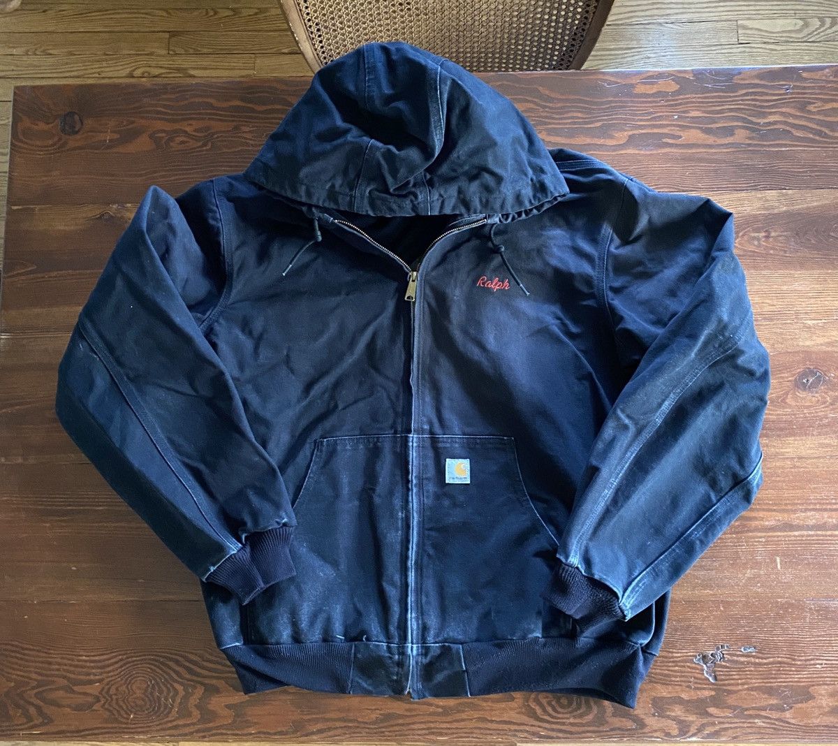 image of ‘03 Carhartt Distressed Embroidered Canvas Jacket in Black, Men's (Size XL)