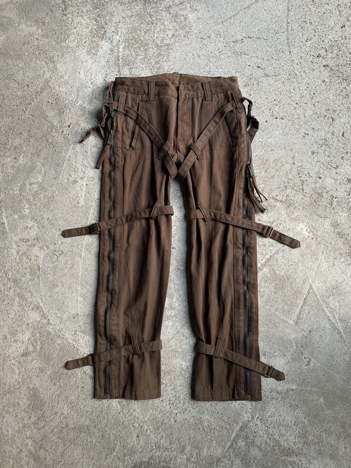 image of 14Th Addiction x Kmrii Aw99 Dsquared2 Bondage Tactical Multizipper Cowboy Pants in Brown (Size 30)