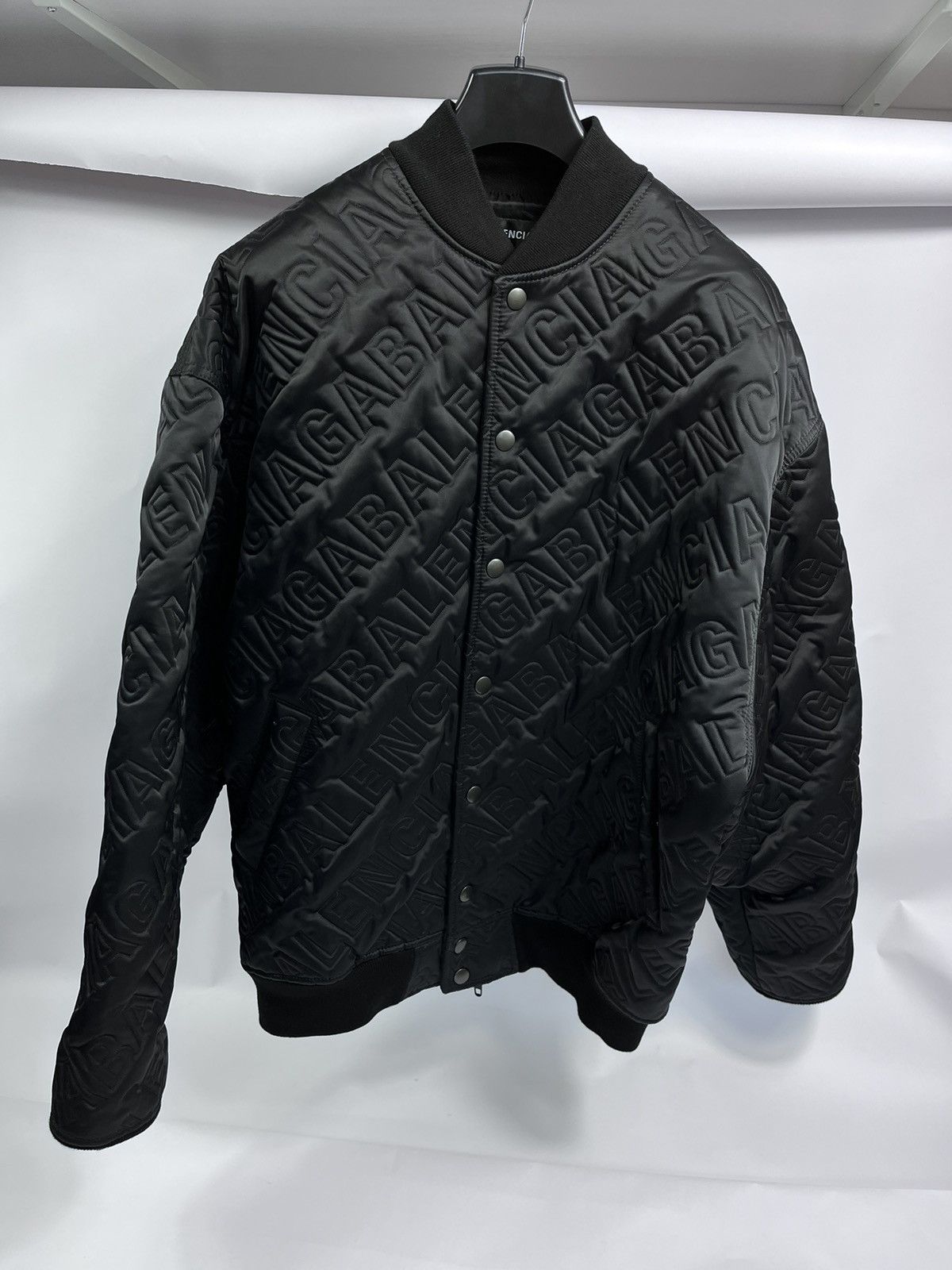 image of Balenciaga Padded Embroidered Logo Oversized Bomber Jacket in Black, Men's (Size 2XL)