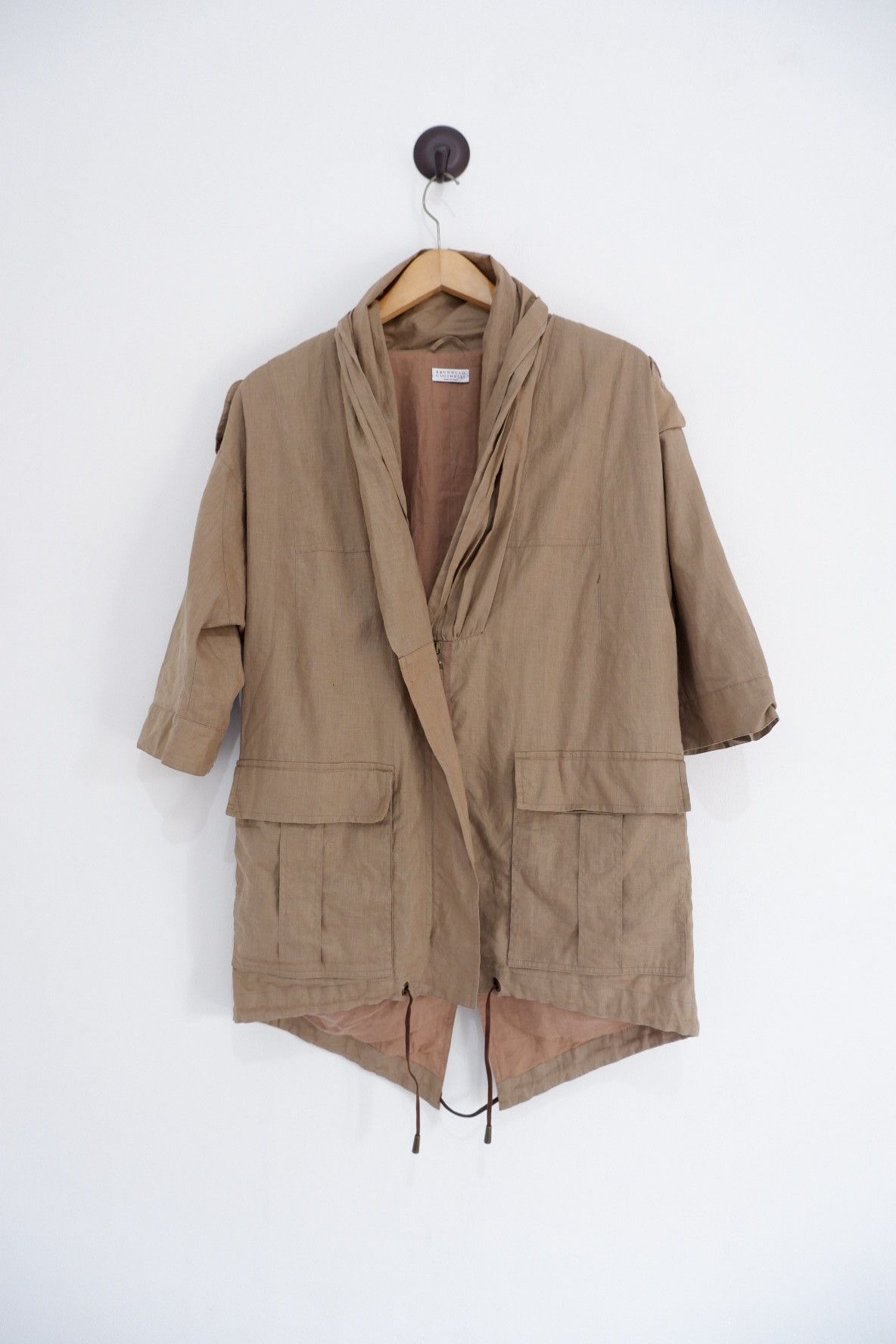 image of Brunello Cucinelli 3/4 Sleeve Linen Kimono Jacket in Dark Sand, Women's (Size Small)