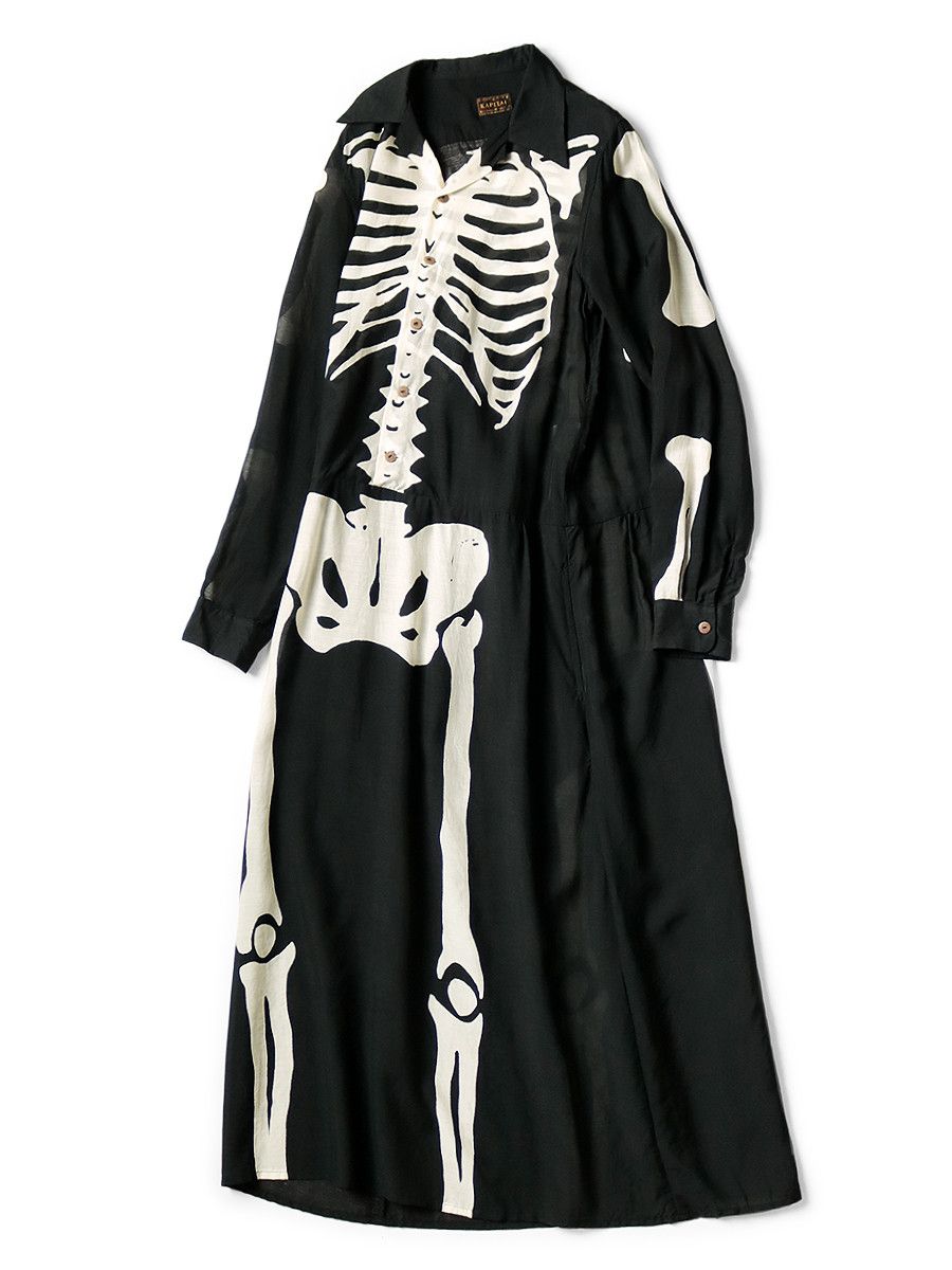 Kapital Silk Rayon BONE Print Open Collar One Piece