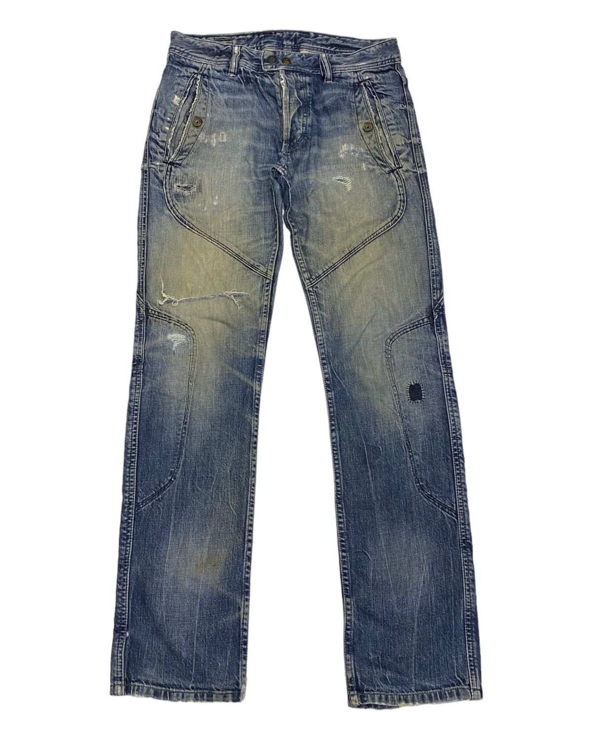 image of Archival Clothing x Diesel Denim Biker Jeans Zigzag Patchwork Distressed in Blue Faded (Size 33)