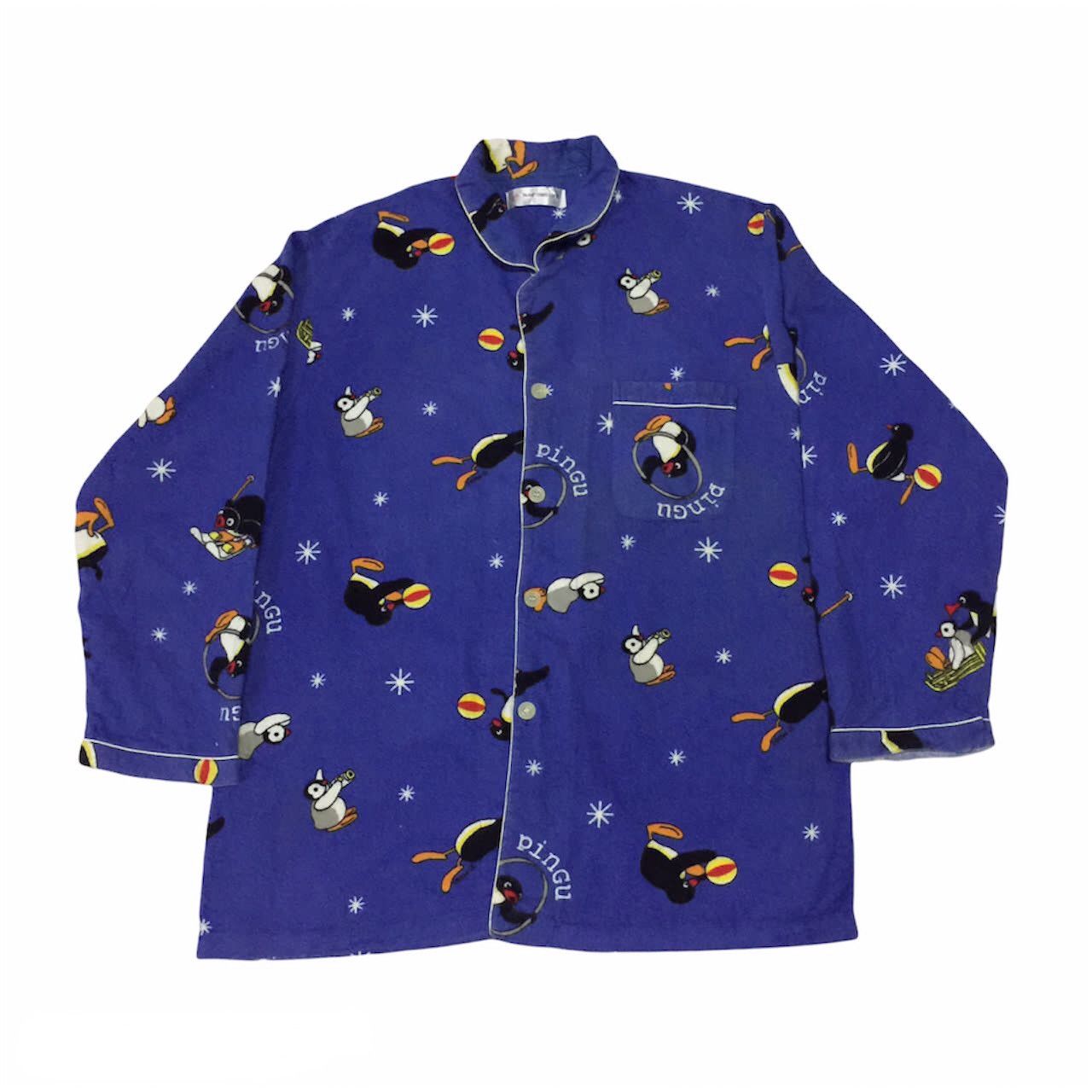 image of Anima Pingu Cartoon Printed Button Up Sleepwear Like Shirt, Men's (Size Medium)