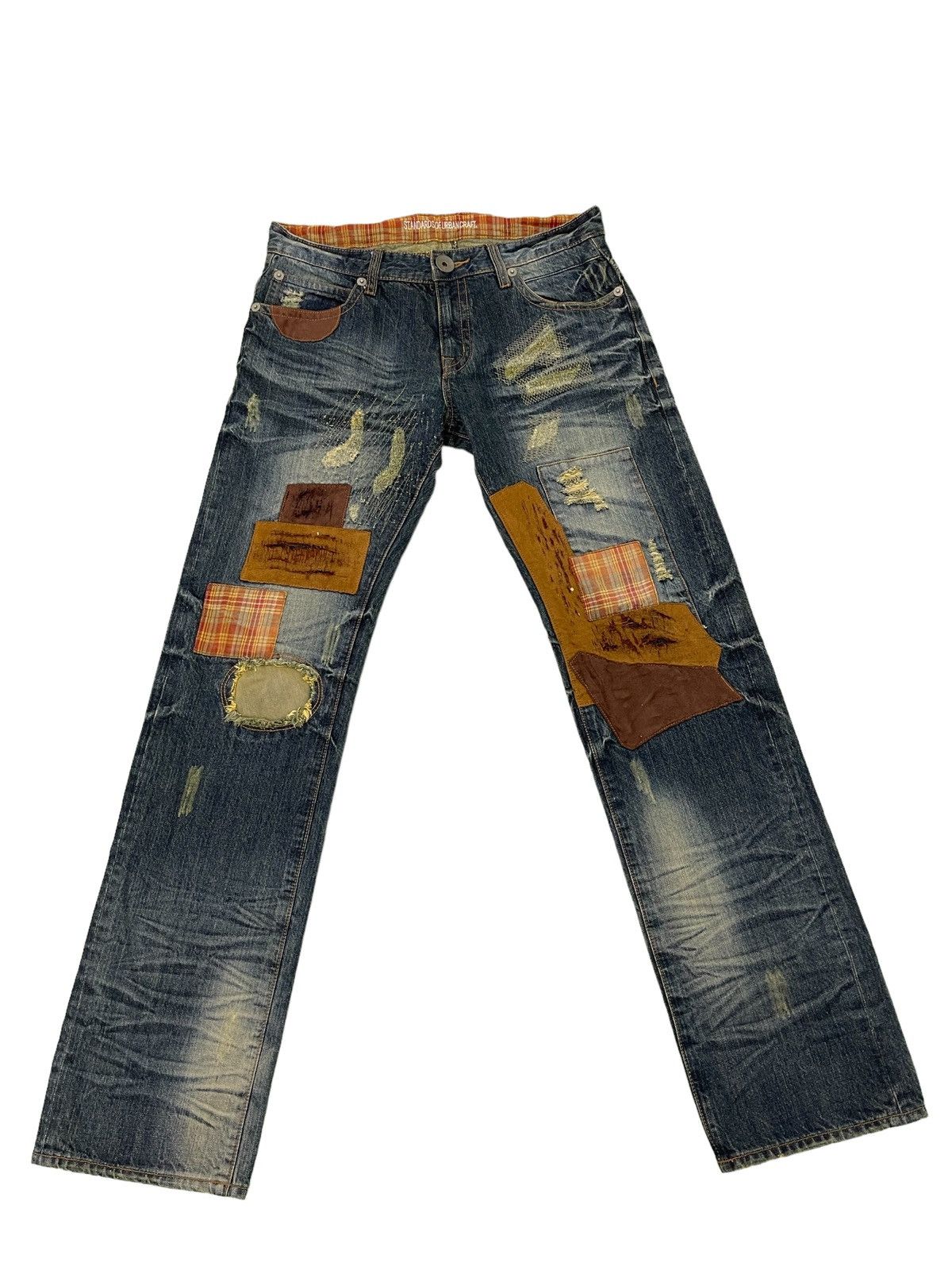 image of Distressed Denim Patchwork Damage Boro Jeans Urban Craft Regular 18 in Blue, Men's (Size 34)
