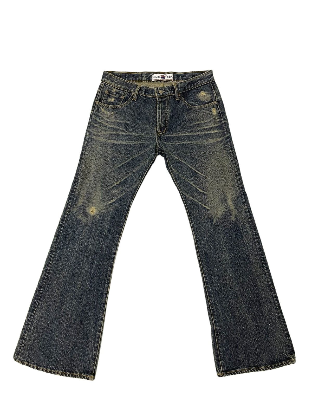 Japanese Brand Flare Jeans Justin OG Denim Distressed Boot Cut 1🟦8 Size US 33 - 2 Thumbnail