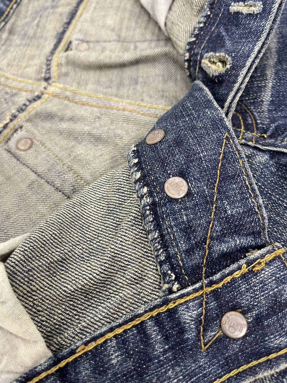 Japanese Brand Flare Jeans Justin OG Denim Distressed Boot Cut 1🟦8 Size US 33 - 22 Thumbnail