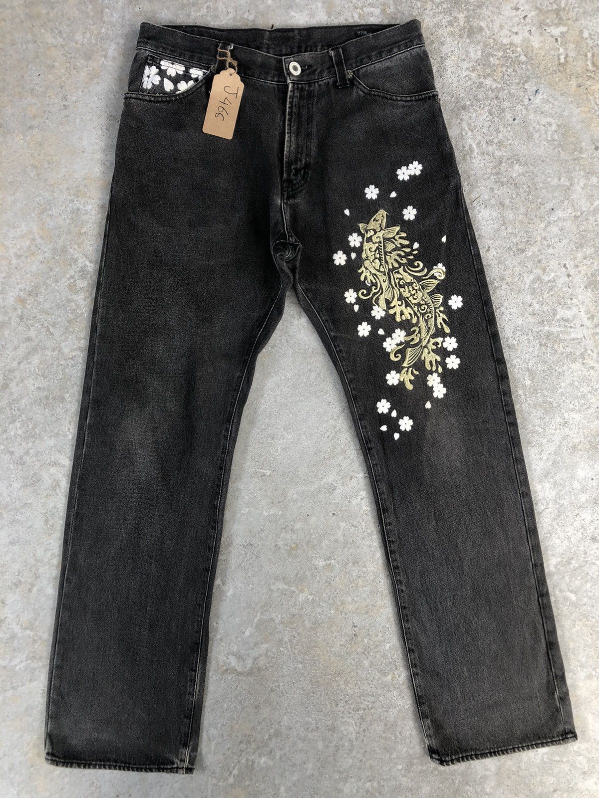 image of Distressed Denim Japanese Namitatsu Fish Embroidered Jeans in Black, Men's (Size 33)