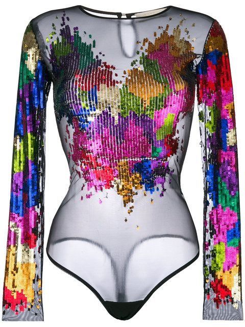Alaia Amen Black/Multicolor Sequin Embroidered Sheer Bodysuit Top Size XS / US 0-2 / IT 36-38 - 1 Thumbnail