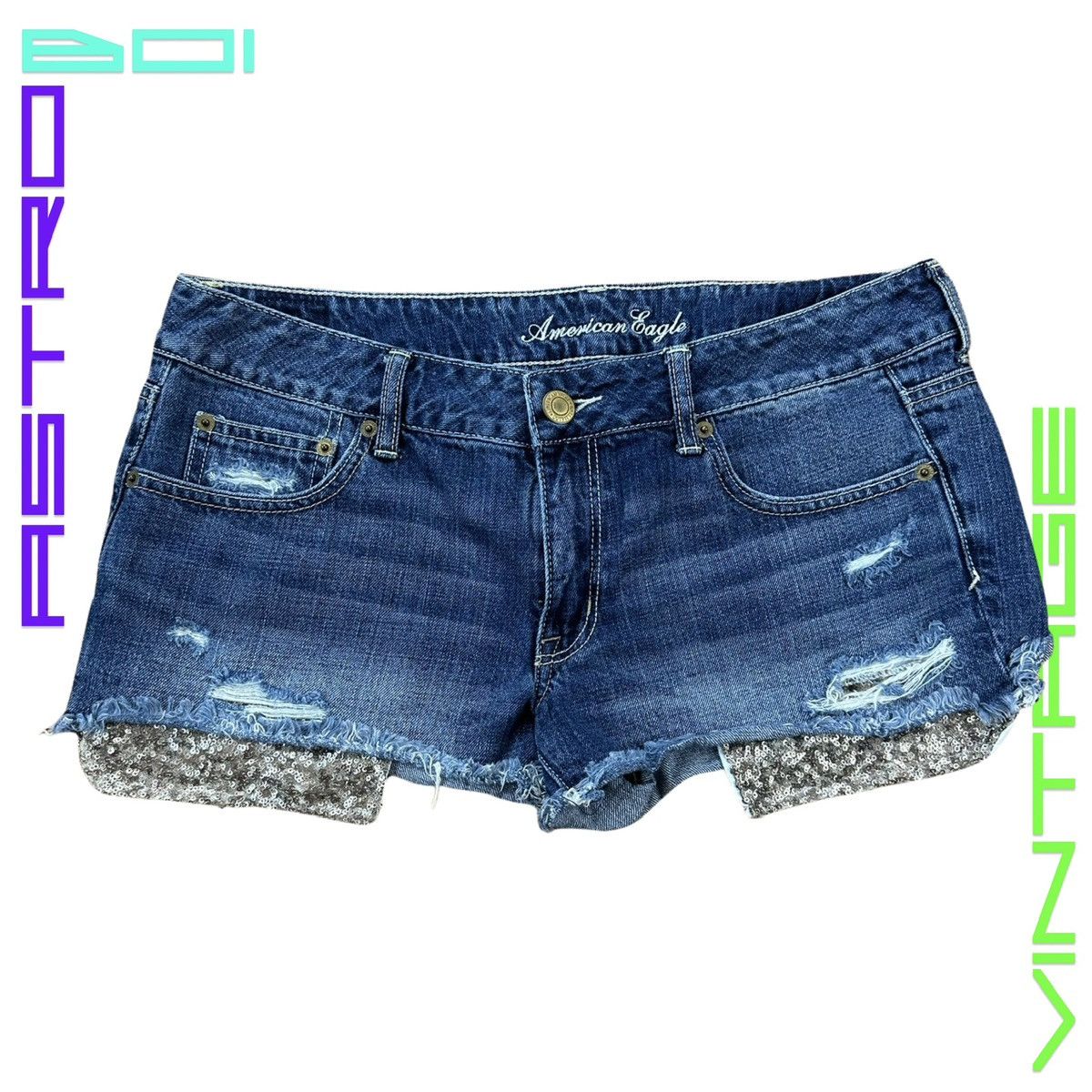 American Eagle Outfitters AMERICAN EAGLE SEQUIN BLUE DENIM MINI SHORTS_ 34" Size 34" / US 12 / IT 48 - 2 Thumbnail
