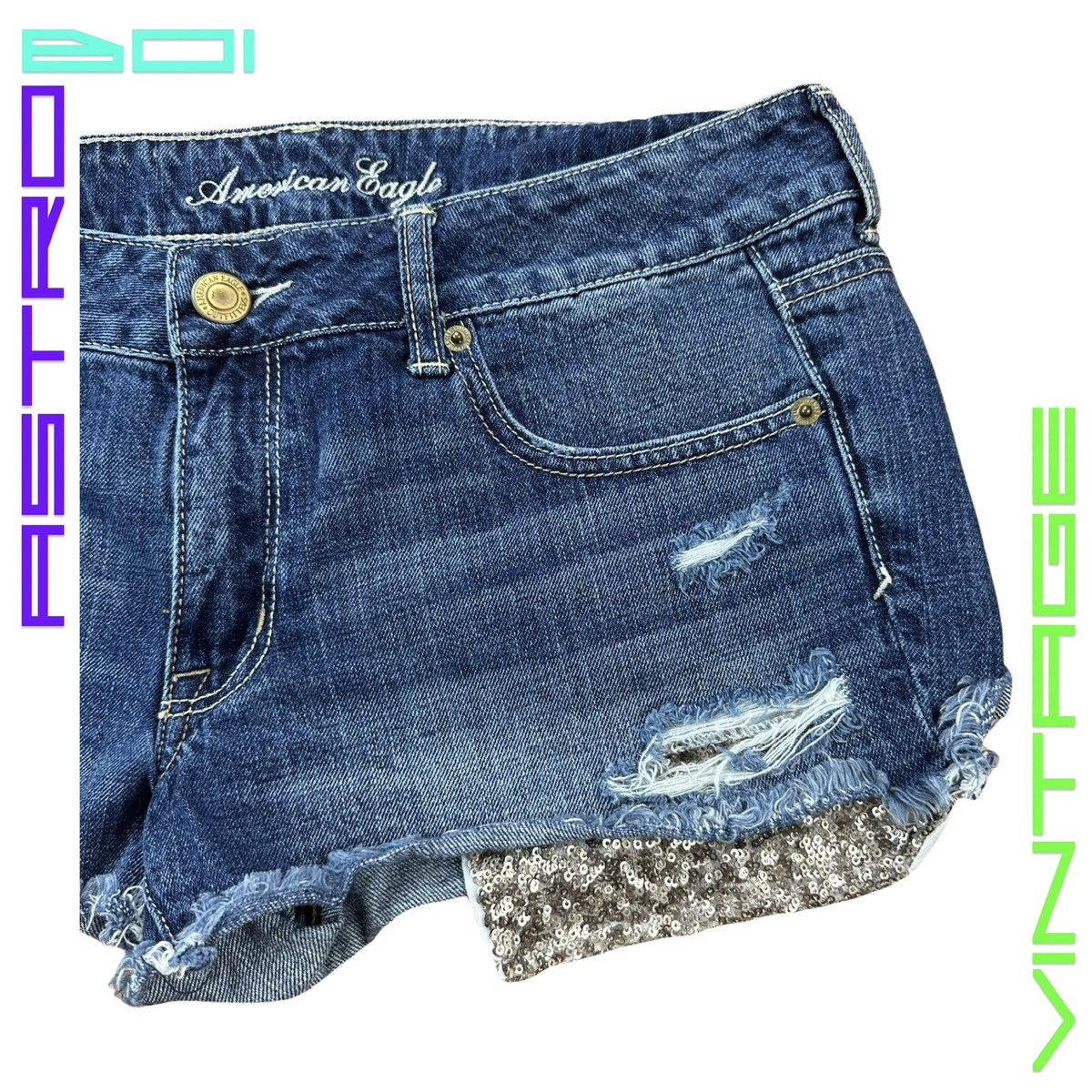 American Eagle Outfitters AMERICAN EAGLE SEQUIN BLUE DENIM MINI SHORTS_ 34" Size 34" / US 12 / IT 48 - 3 Thumbnail