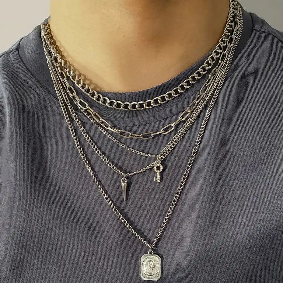 Jewelry Salircon Punk Multilayer Chains Chunky Necklace Size ONE SIZE - 1 Thumbnail