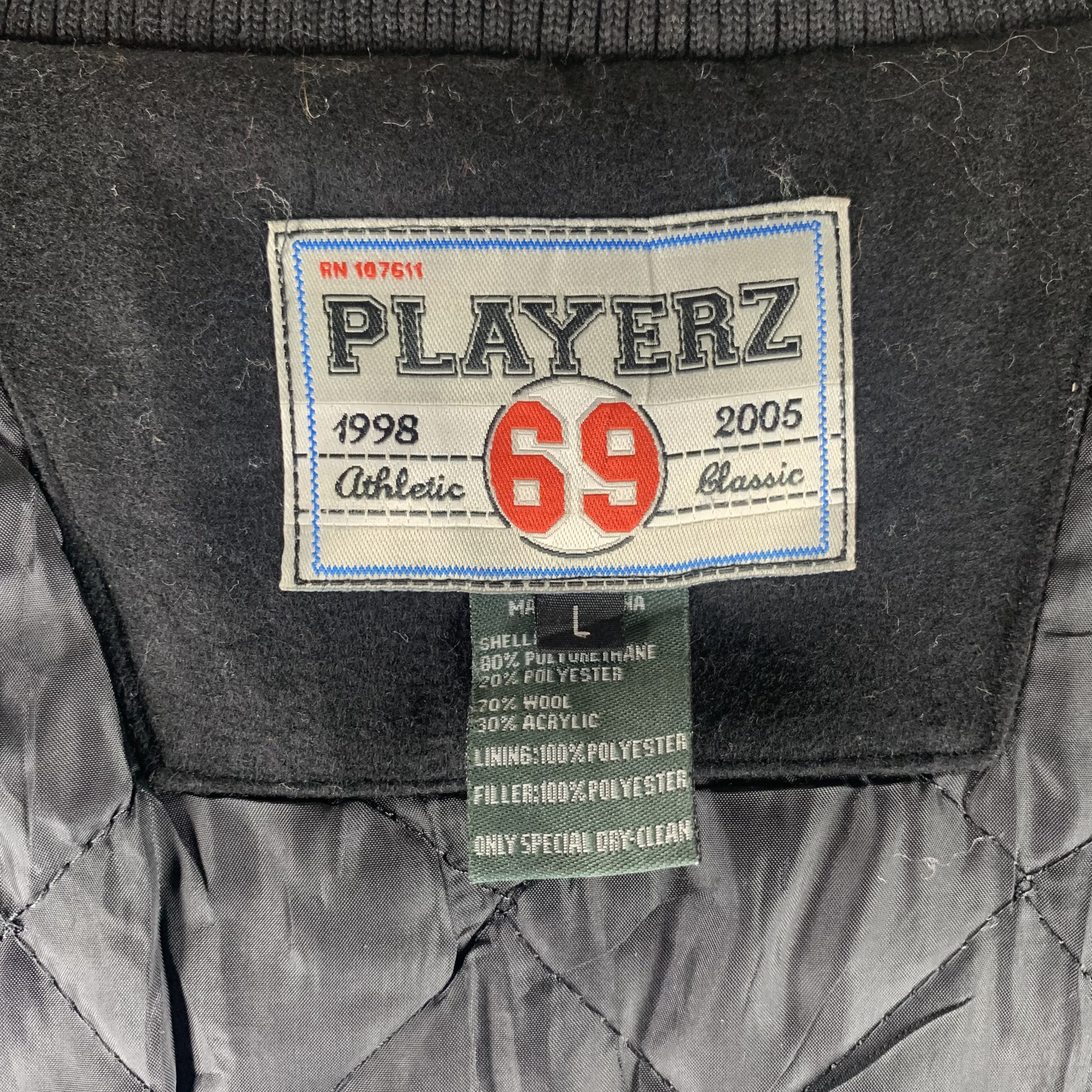 Rap Tees TRASHED Playerz 69 Big Logo Varsity Leather Jacket #3547-112 Size US L / EU 52-54 / 3 - 17 Thumbnail