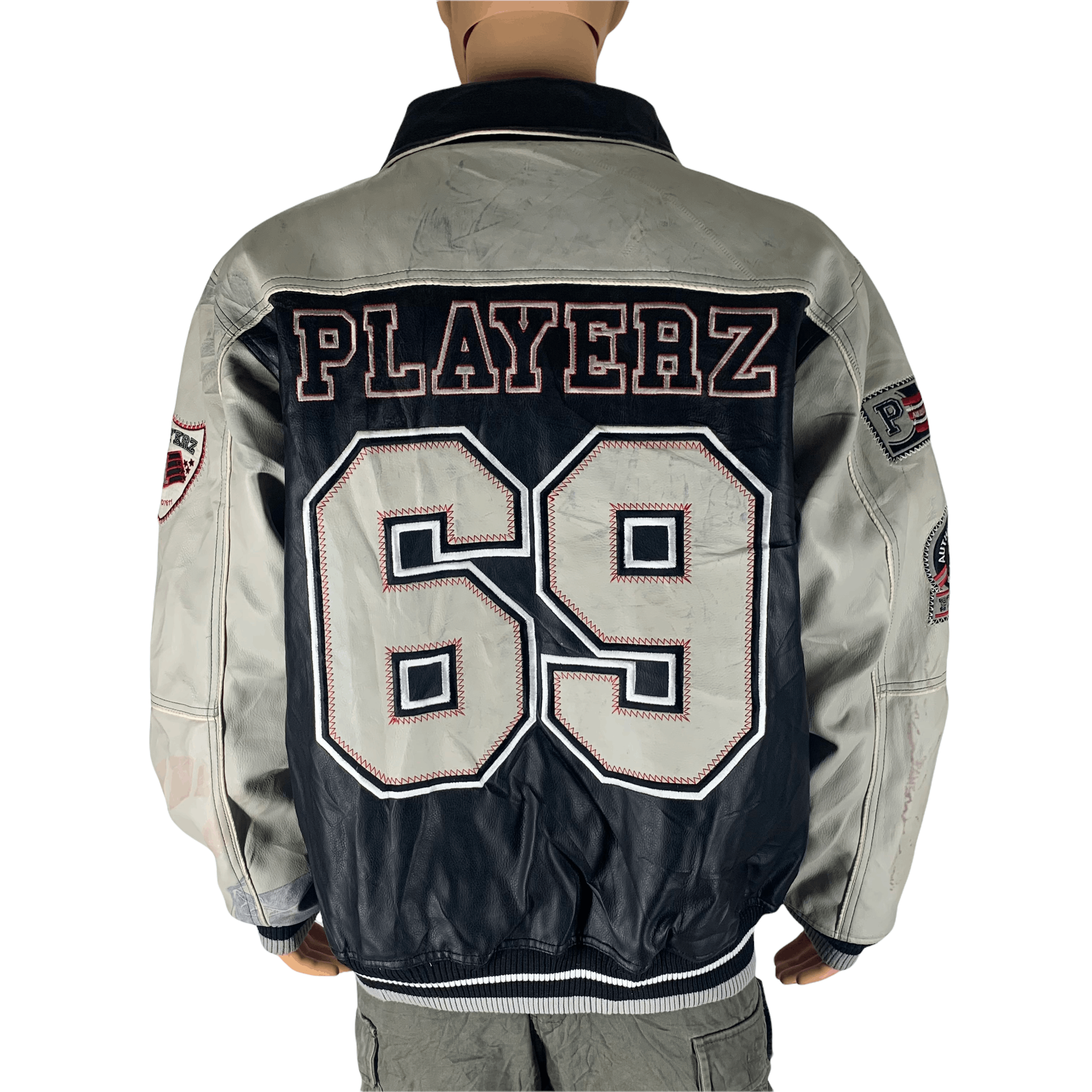 ジャケット・アウター Playerz69 TRASHED Playerz 69 Big Logo Varsity Leather Jacket #3547-112