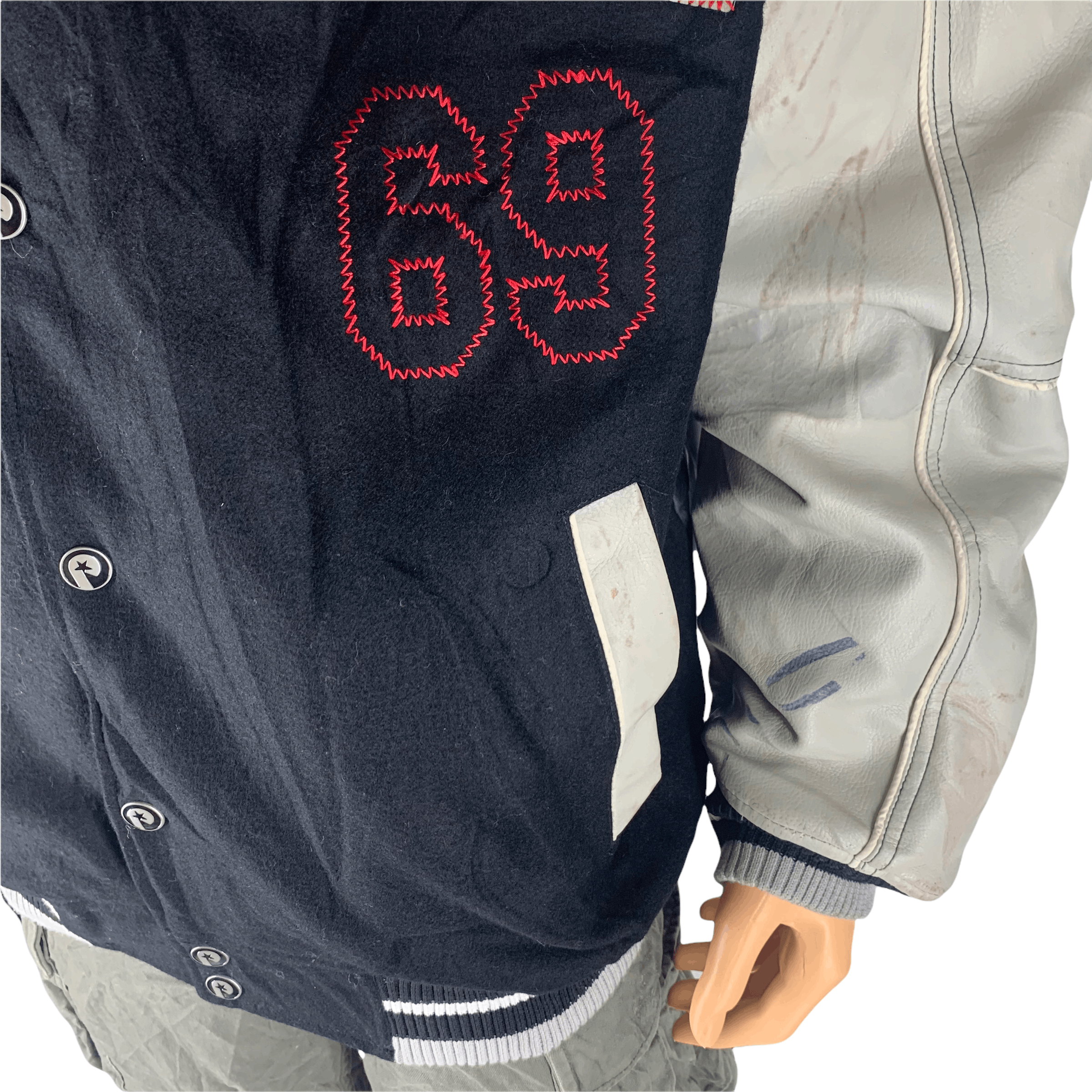 Rap Tees TRASHED Playerz 69 Big Logo Varsity Leather Jacket #3547-112 Size US L / EU 52-54 / 3 - 5 Thumbnail