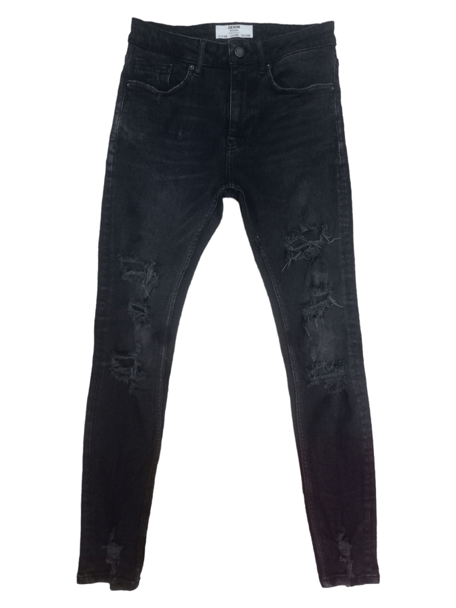 image of Need Gone Vintage Bershka Slim Fit Distressed Jeans in Black, Men's (Size 28)