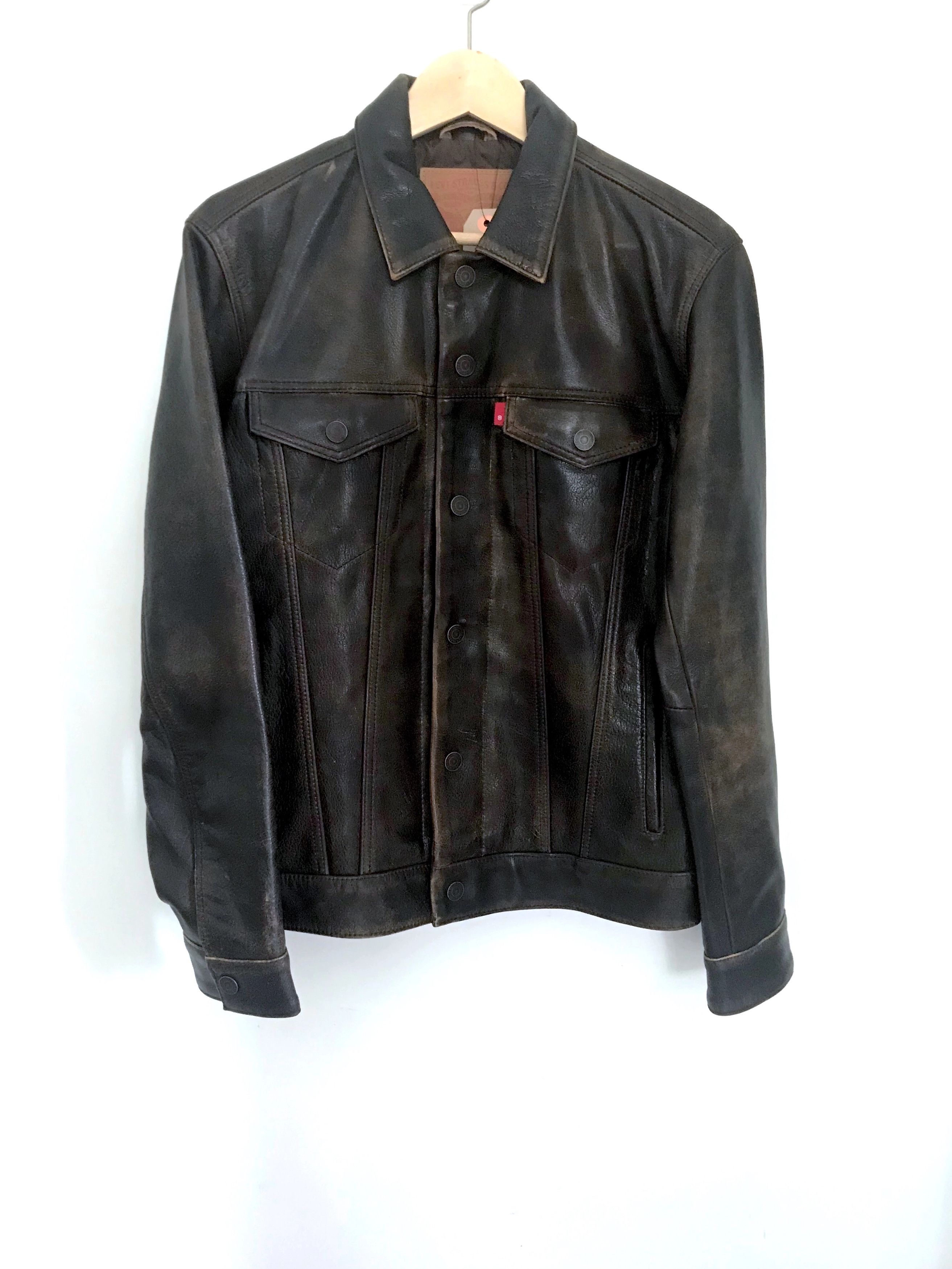 image of Levis x Levis Vintage Clothing Distressed Buffalo Leather Trucker Jacket in Chocolate Brown (Size M