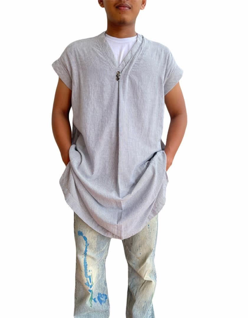 image of Issey Miyake Hickory Stripe Short Sleeve Plantation, Men's (Size Medium)