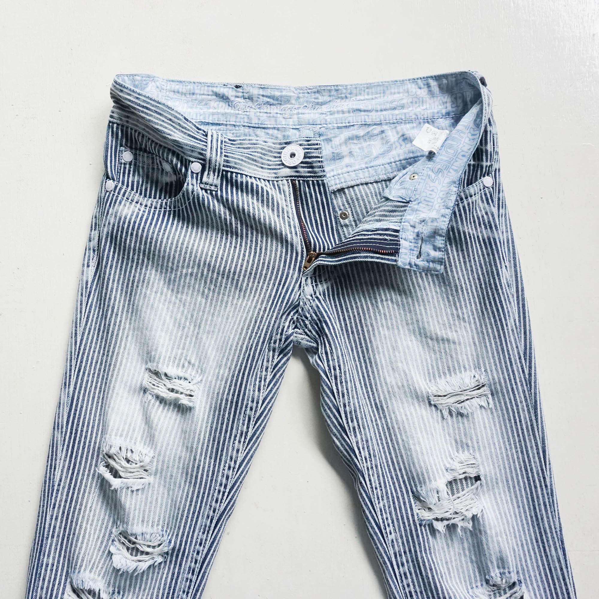 image of Distressed Denim Spunky Hickory Striped Low Rise Ripped Jeans in Blue, Women's (Size 30)
