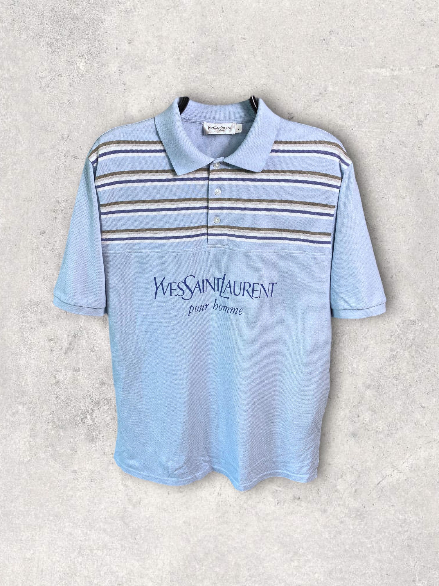 image of Saint Laurent Paris x Vintage YVES Saint Laurent YSL Spell Out Vintage Polo Baby Blue (Size Large)