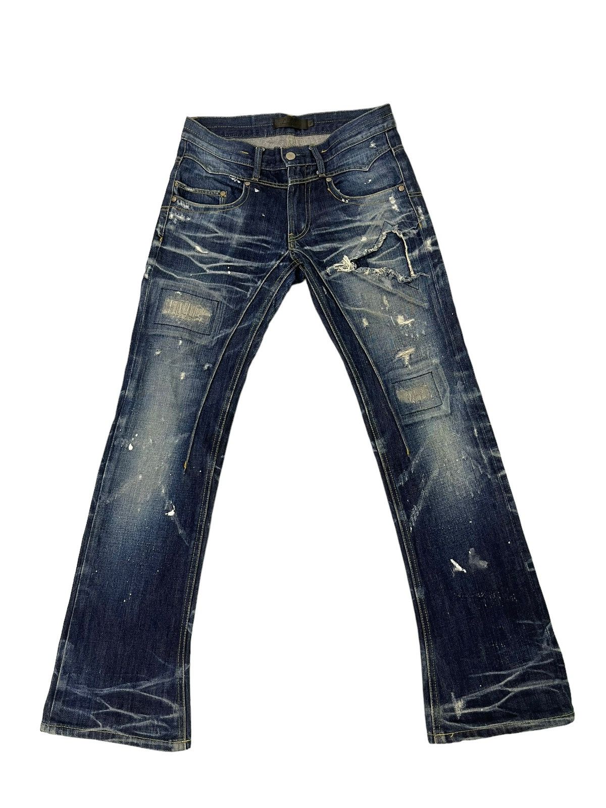 Japanese Brand Flare Jeans Jackrose Luv Maison Distress Denim Painted 5🟦 Size US 30 / EU 46 - 2 Thumbnail