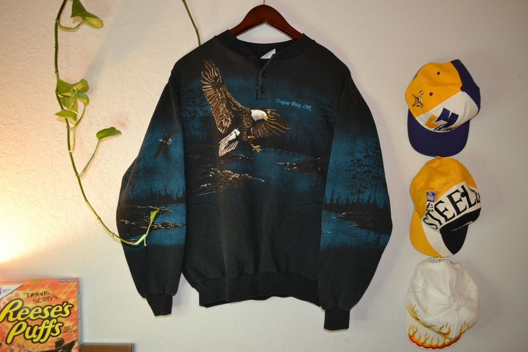 Vintage 90s deals Eagle all over print crewneck Kanye West size XL Art Unlimited