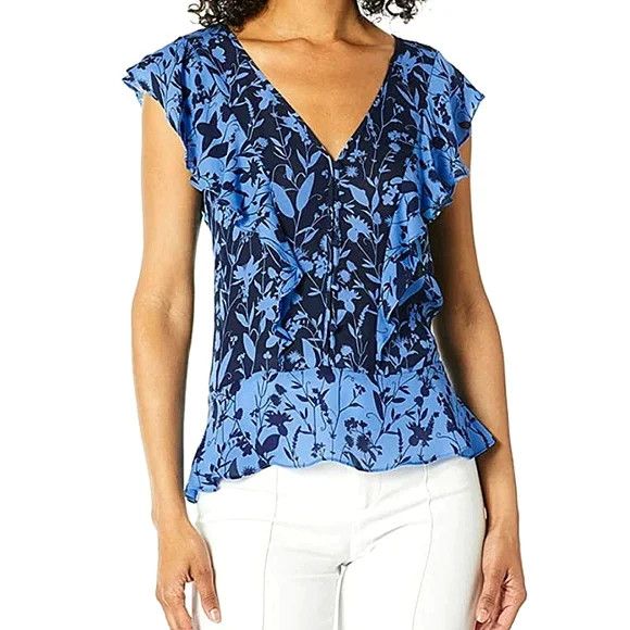 image of Parker Kata Silk Sleeveless Ruffle Button-Up Floral Blouse NWOT in Blue/Black, Women's (Size XS)