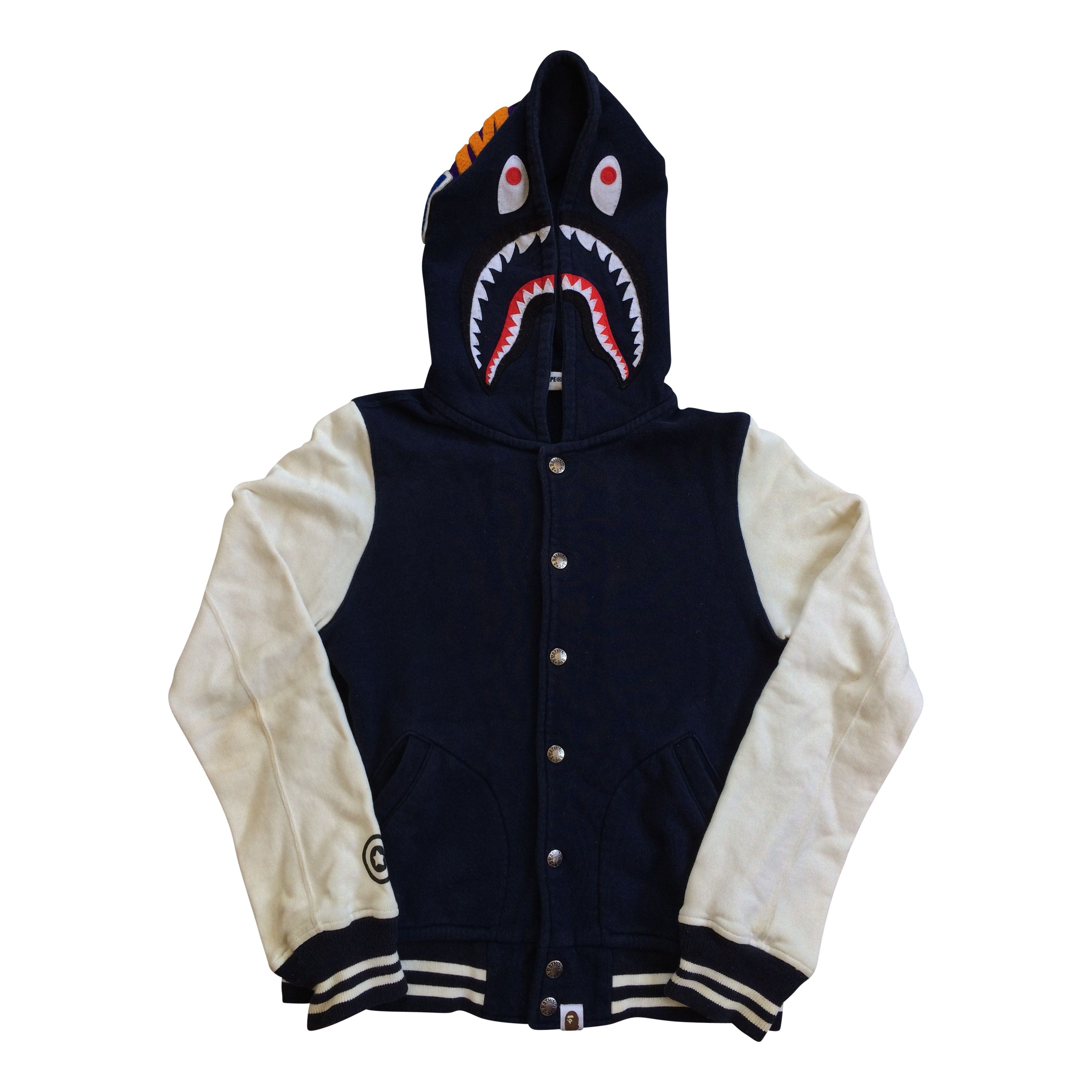 image of Og Bape Shark Varsity Bomber Jacket in Navy/White, Women's (Size XS)