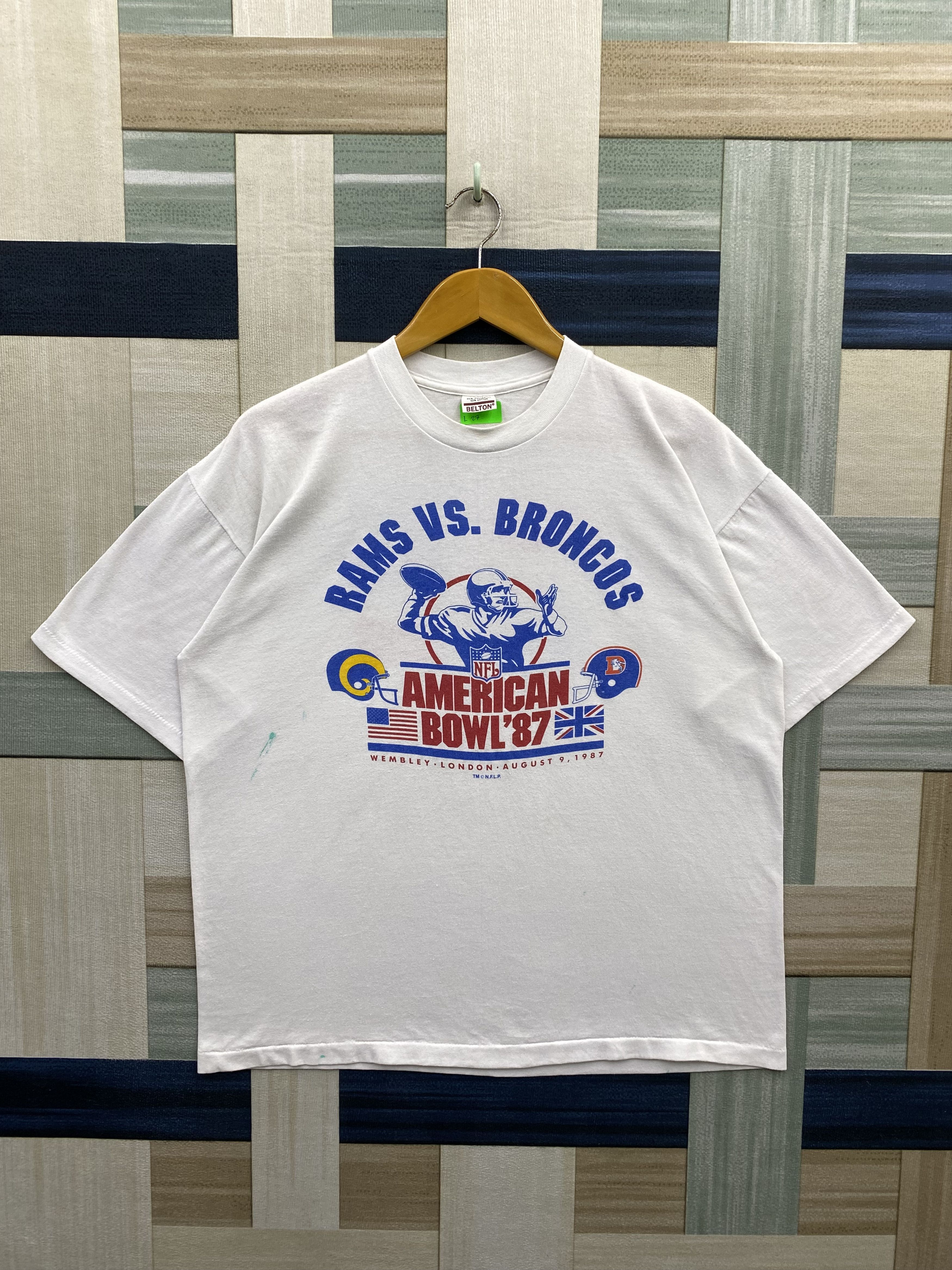 NFL × Vintage Vintage 80's NFL American Bowl 1987 Rams Vs Broncos T-Shirt Size US XL / EU 56 / 4 - 1 Thumbnail