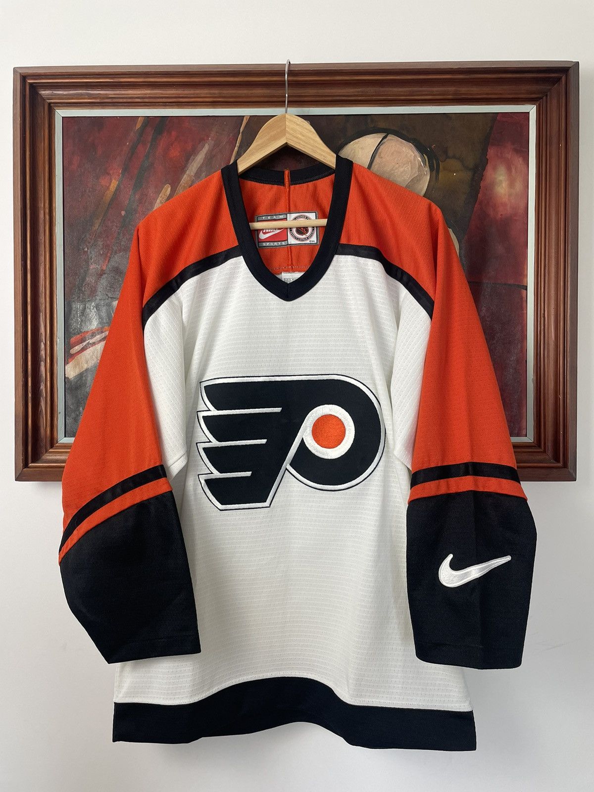 image of Vintage 90's Nike Philadelphia Flyers Jersey Nhl Streetwear in White Orange Black, Men's (Size Smal