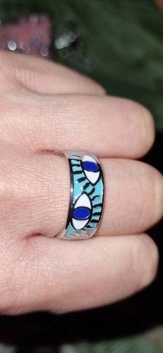 Jewelry Blue Enamel Engrave Turkish Evil Eye Ring Size ONE SIZE - 2 Thumbnail