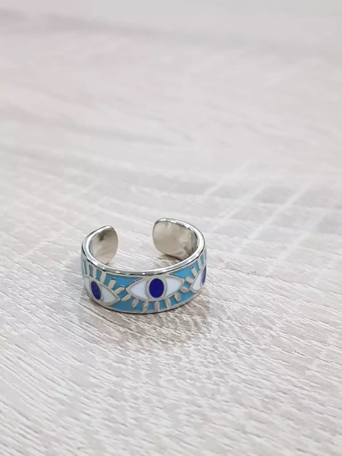 Jewelry Blue Enamel Engrave Turkish Evil Eye Ring Size ONE SIZE - 4 Thumbnail