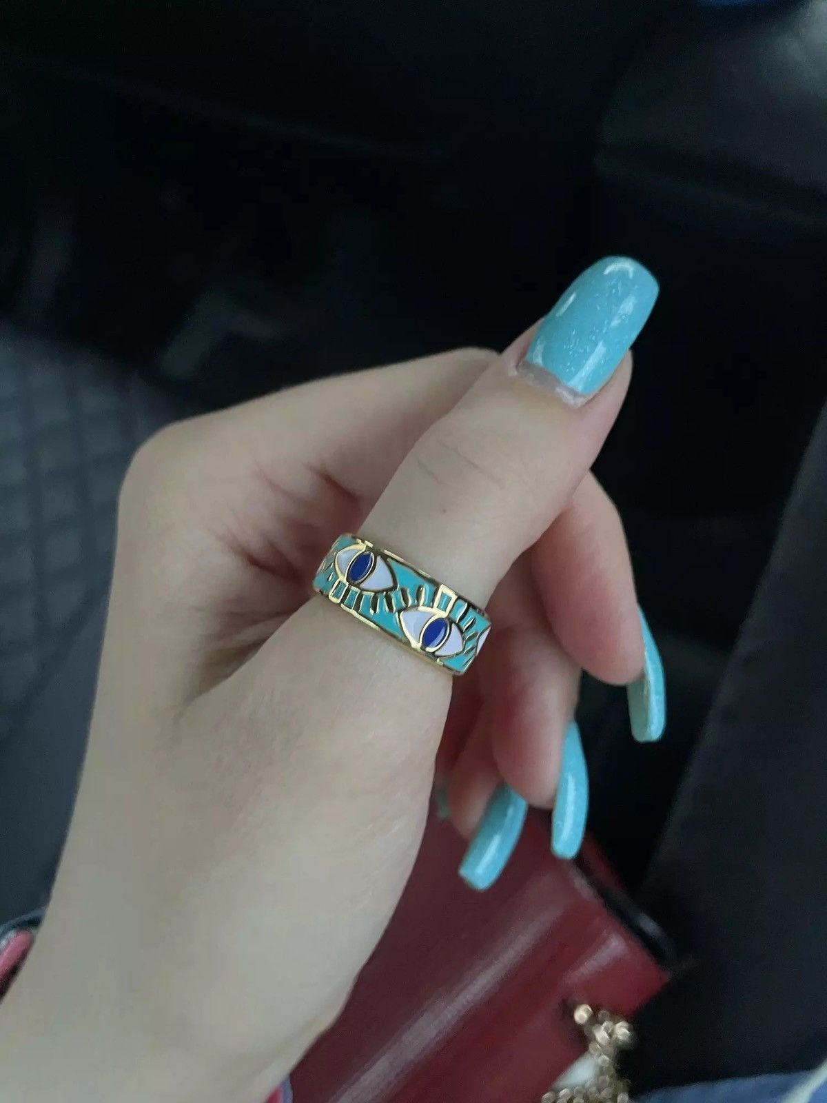 Jewelry Blue Enamel Engrave Turkish Evil Eye Ring Size ONE SIZE - 1 Thumbnail