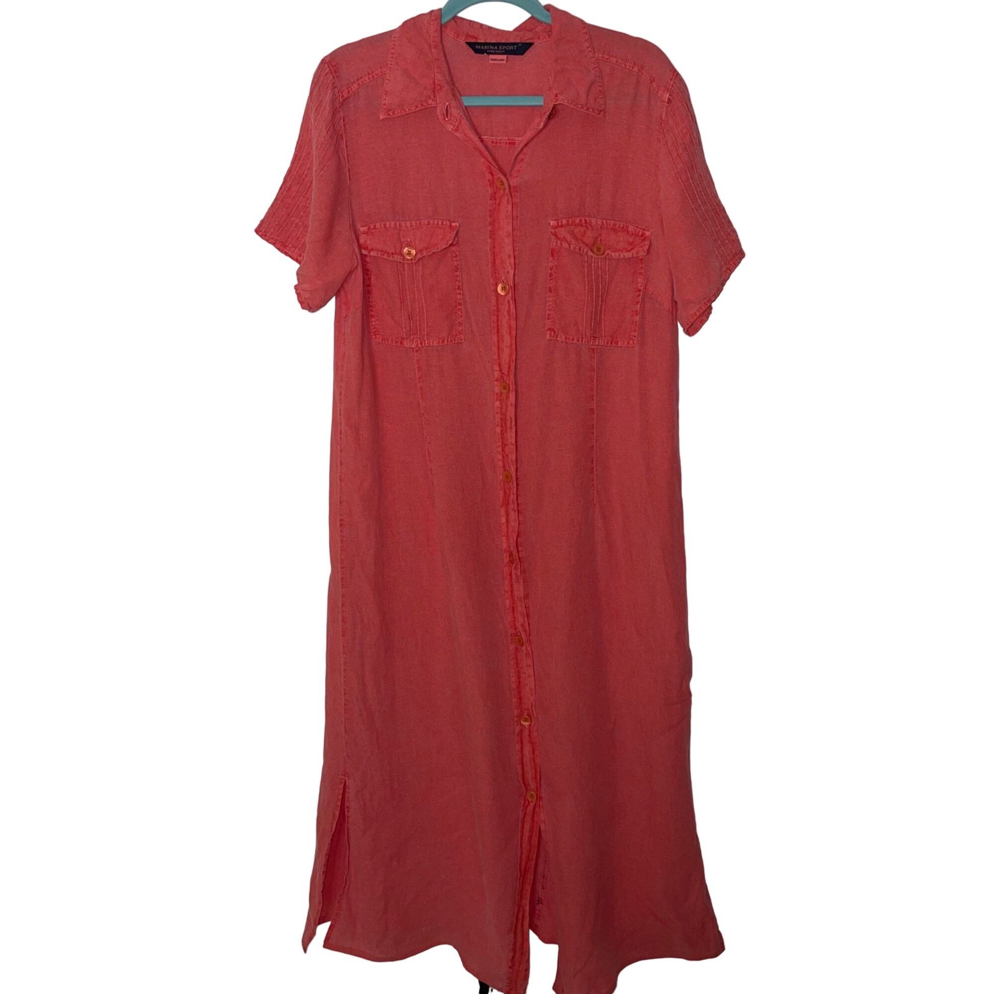 Marina Rinaldi Maxi Shirt Dress Size 12 Coral Linen Washed