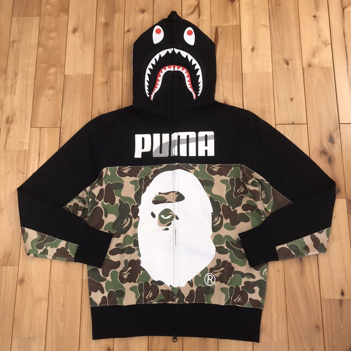 image of Bape × Puma Shark Full Zip Hoodie Bape Camo in Black/Green Camo, Men's (Size Small)